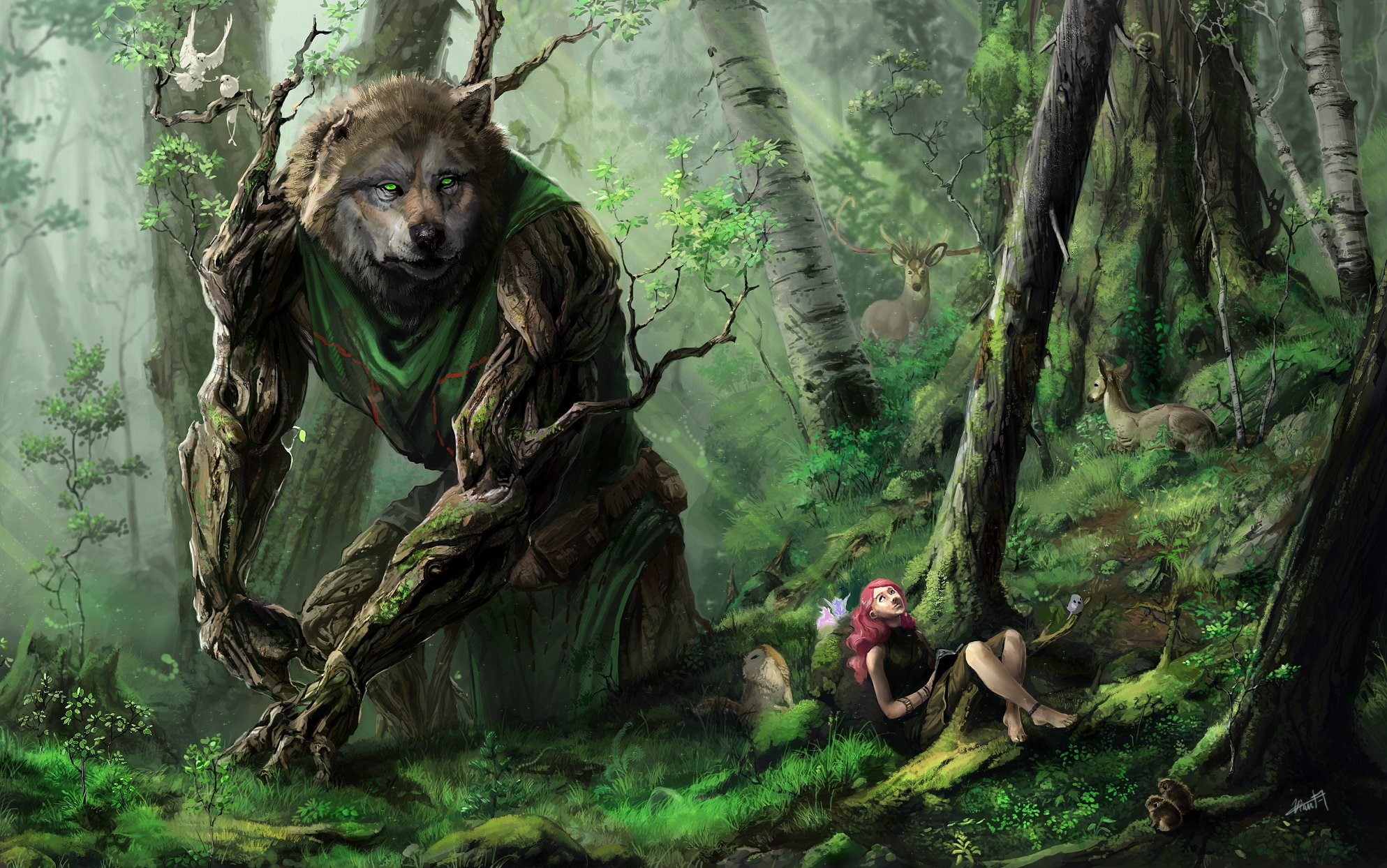 Fantasy forest guardian with a fairy and deer HD Wallpaper