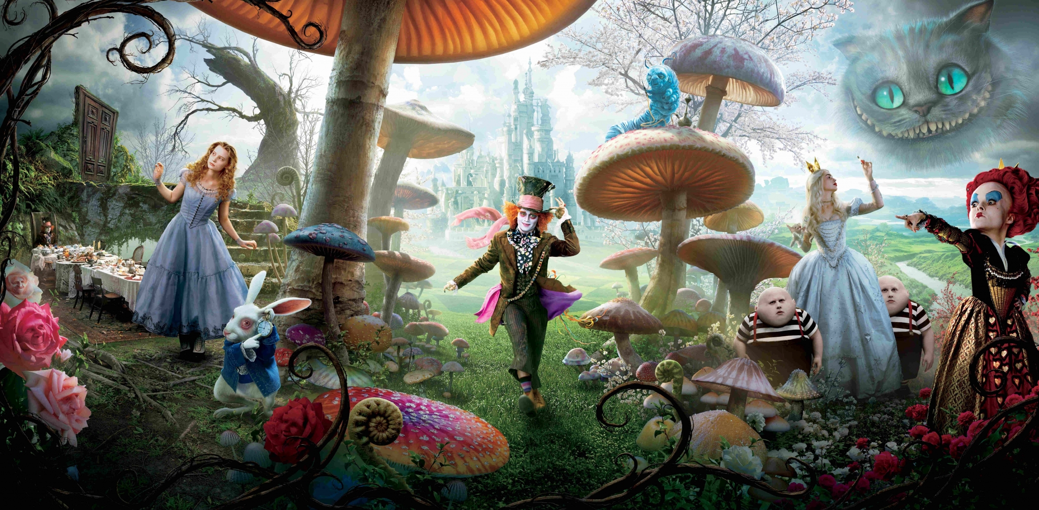 Alice in Wonderland characters in a fantasy forest HD Wallpaper