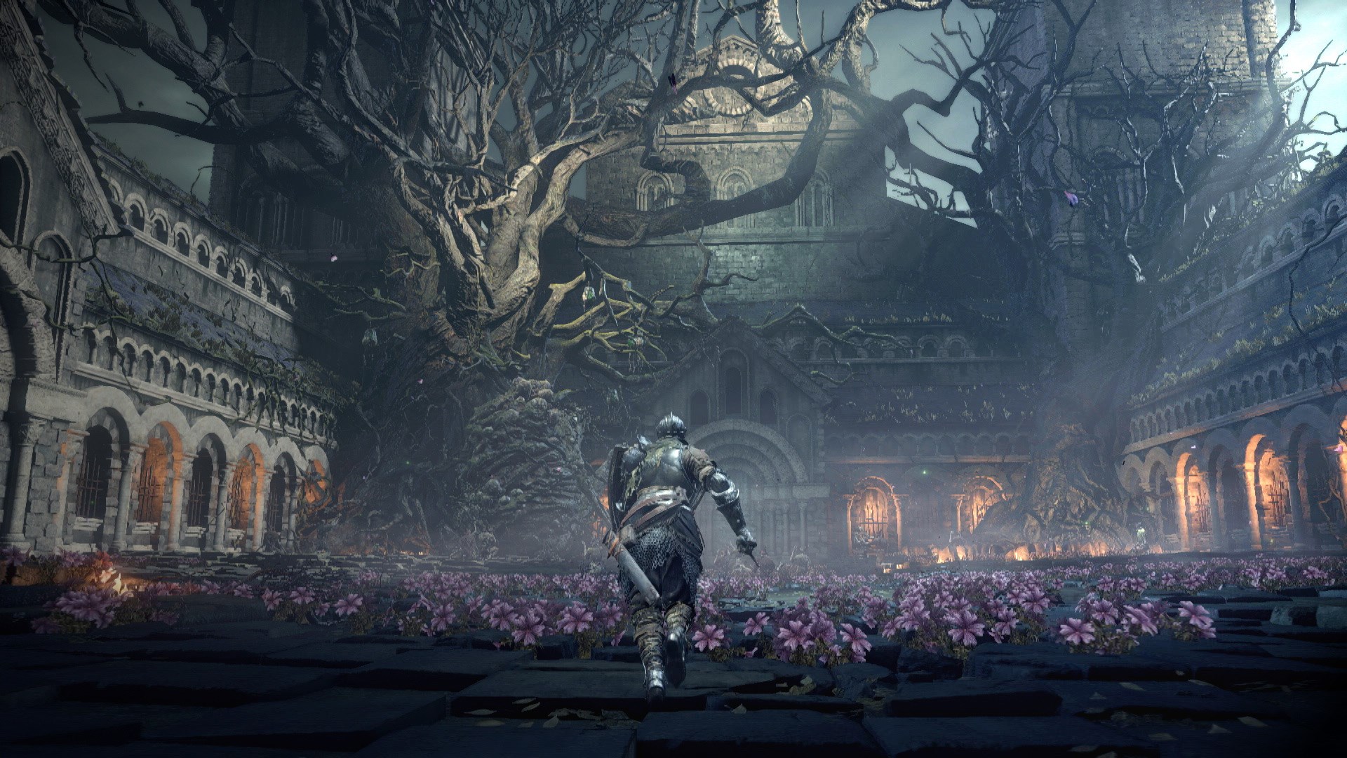 Knight in a dark, overgrown courtyard with purple flowers HD Wallpaper