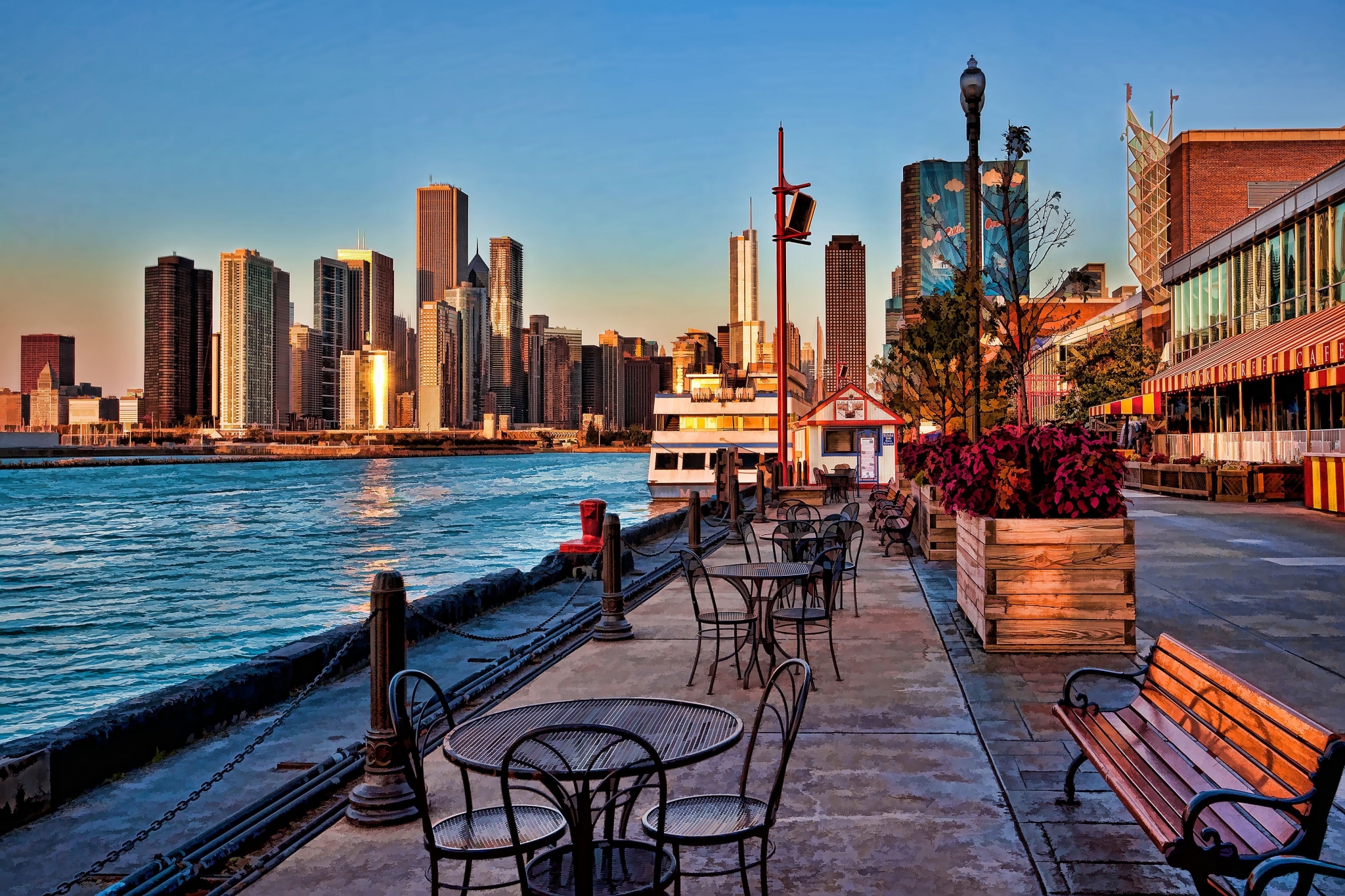 Chicago skyline and waterfront cafe HD Wallpaper