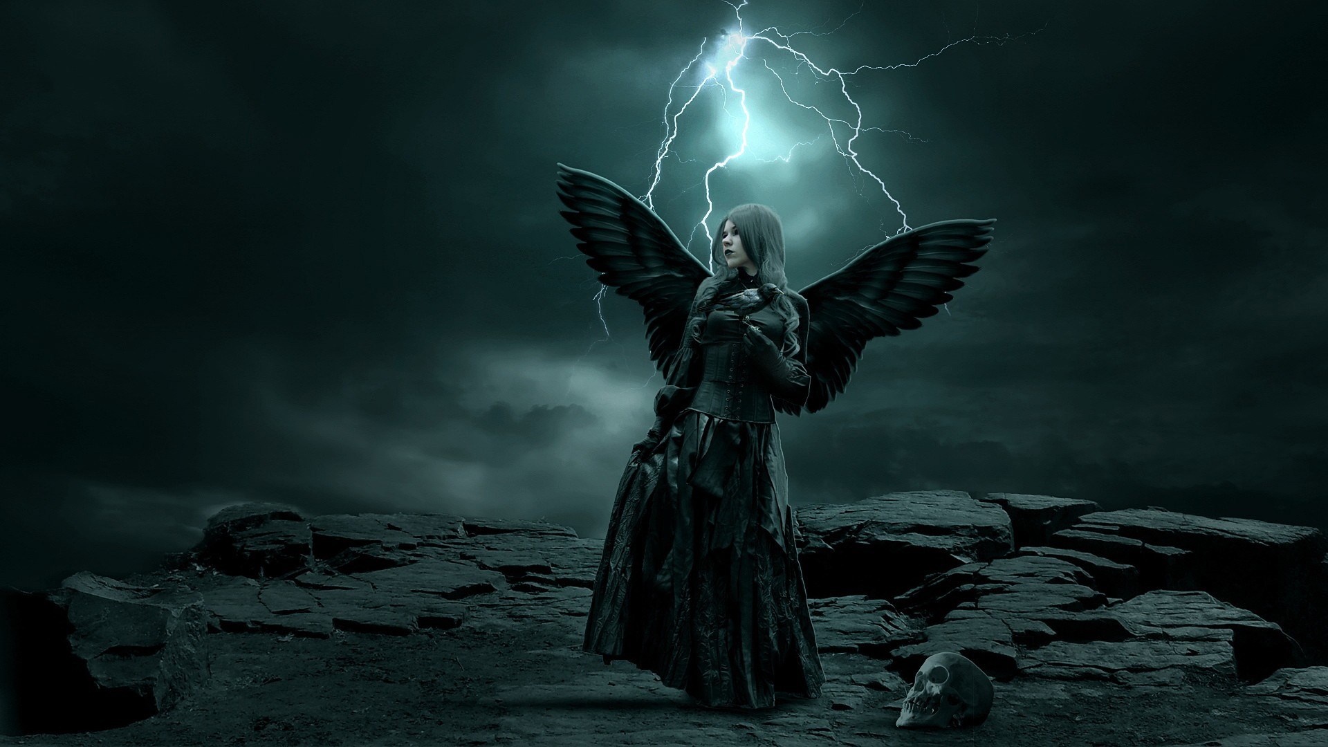 Dark angel with black wings under lightning HD Wallpaper