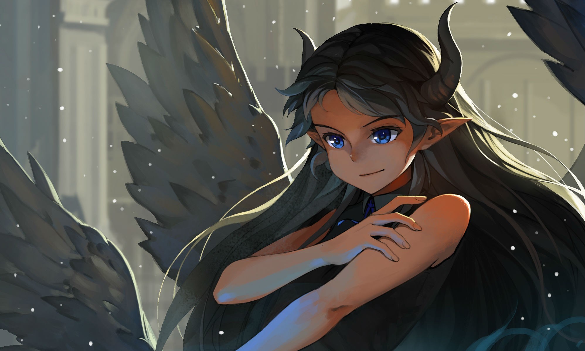 Anime girl with horns and wings HD Wallpaper