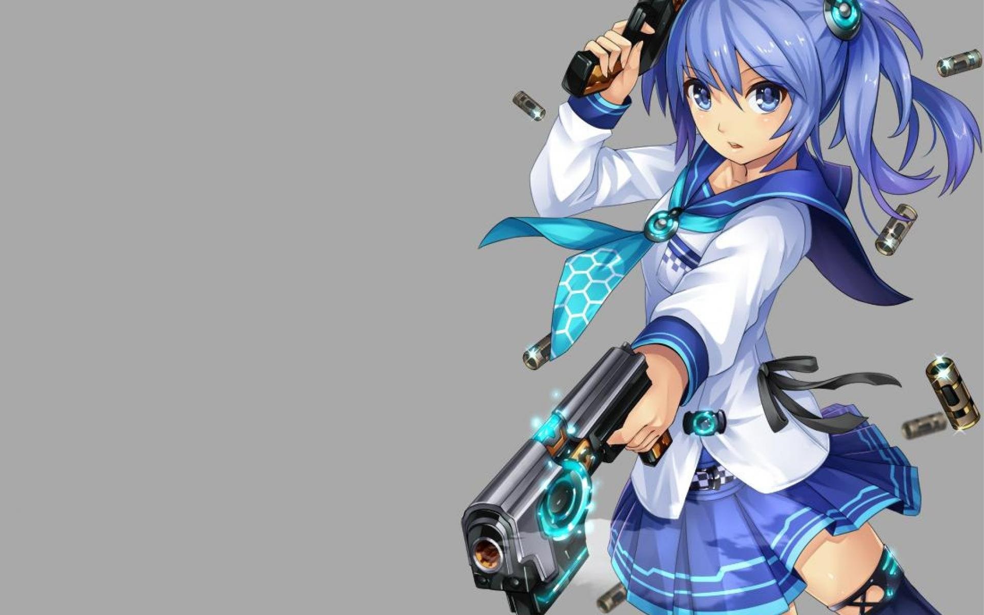 Anime girl with blue hair holding guns HD Wallpaper