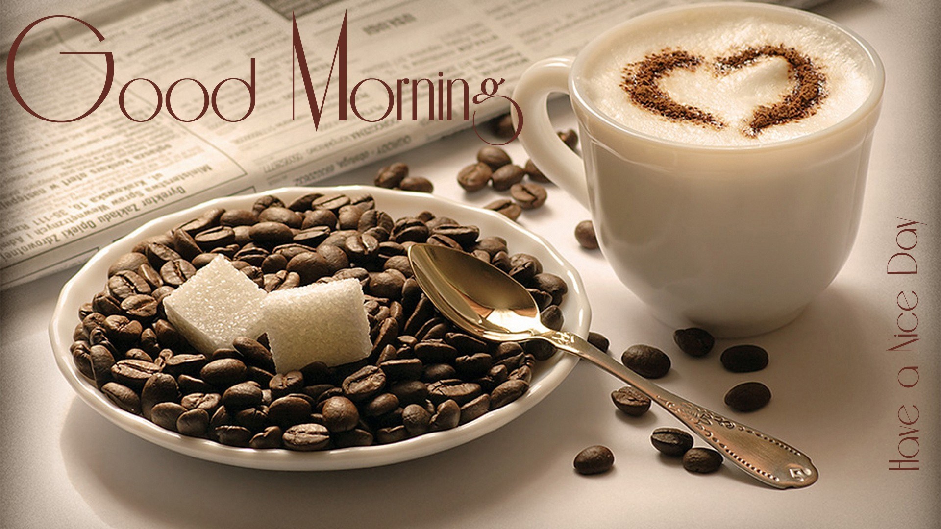 Good Morning coffee with heart art and newspaper HD Wallpaper