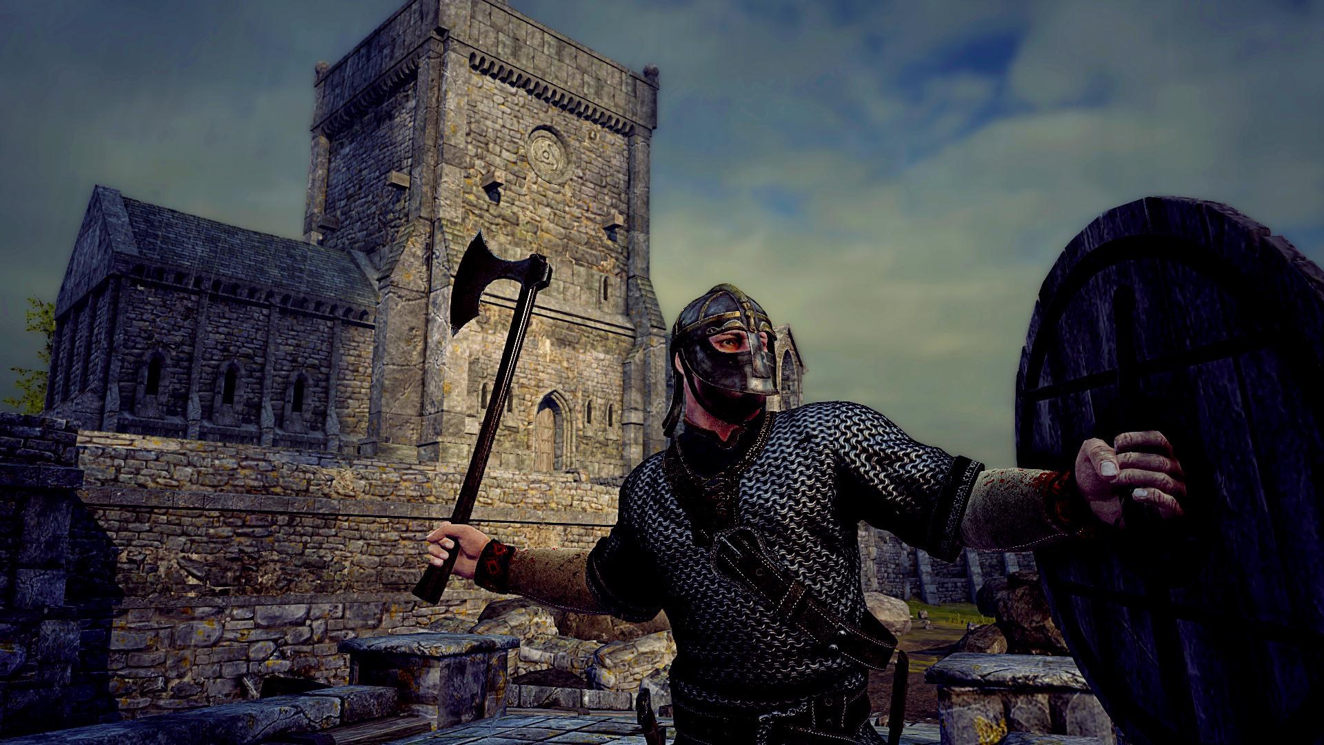 Viking warrior with axe and shield near stone building HD Wallpaper
