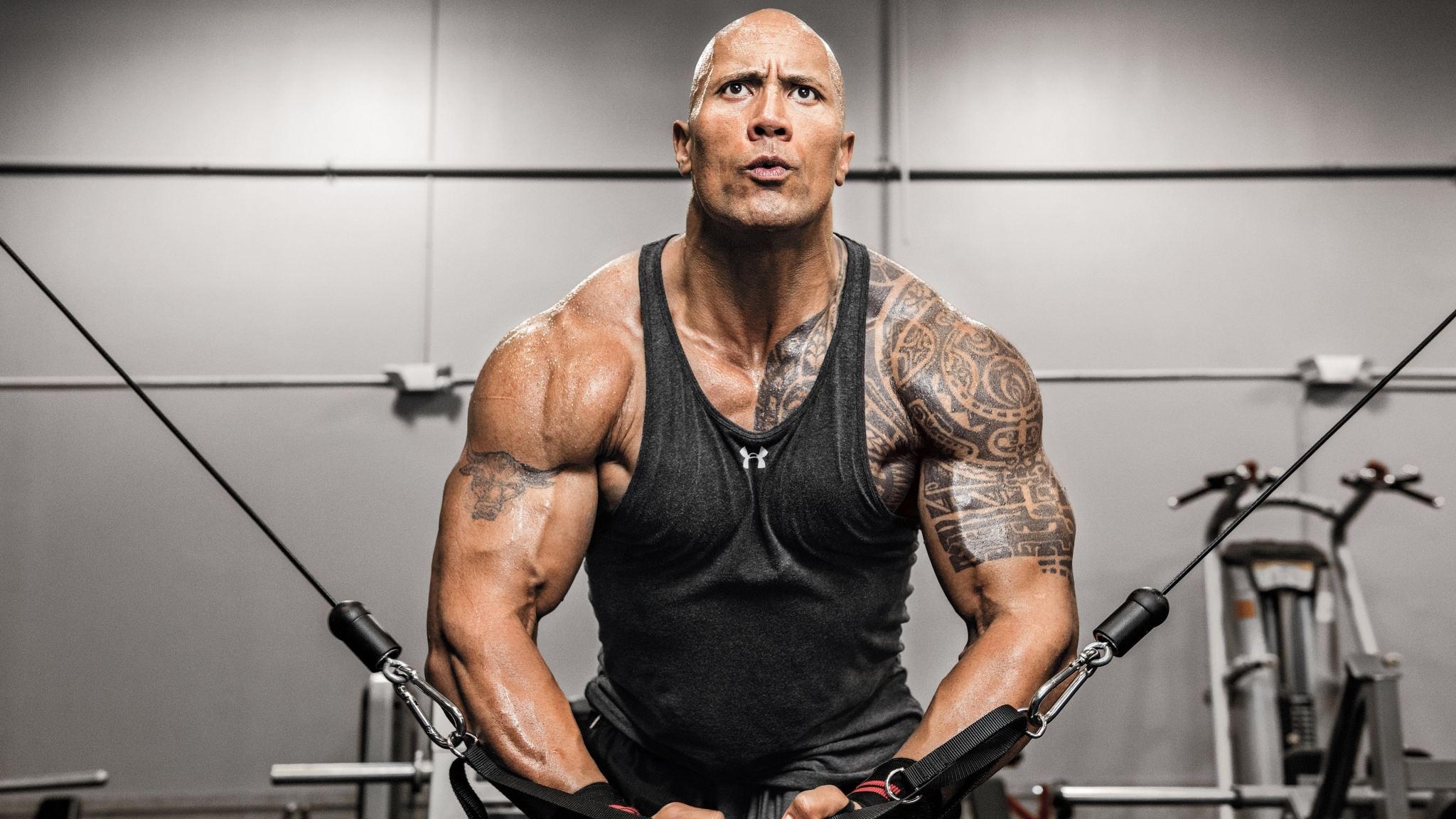 Dwayne Johnson working out with cables HD Wallpaper