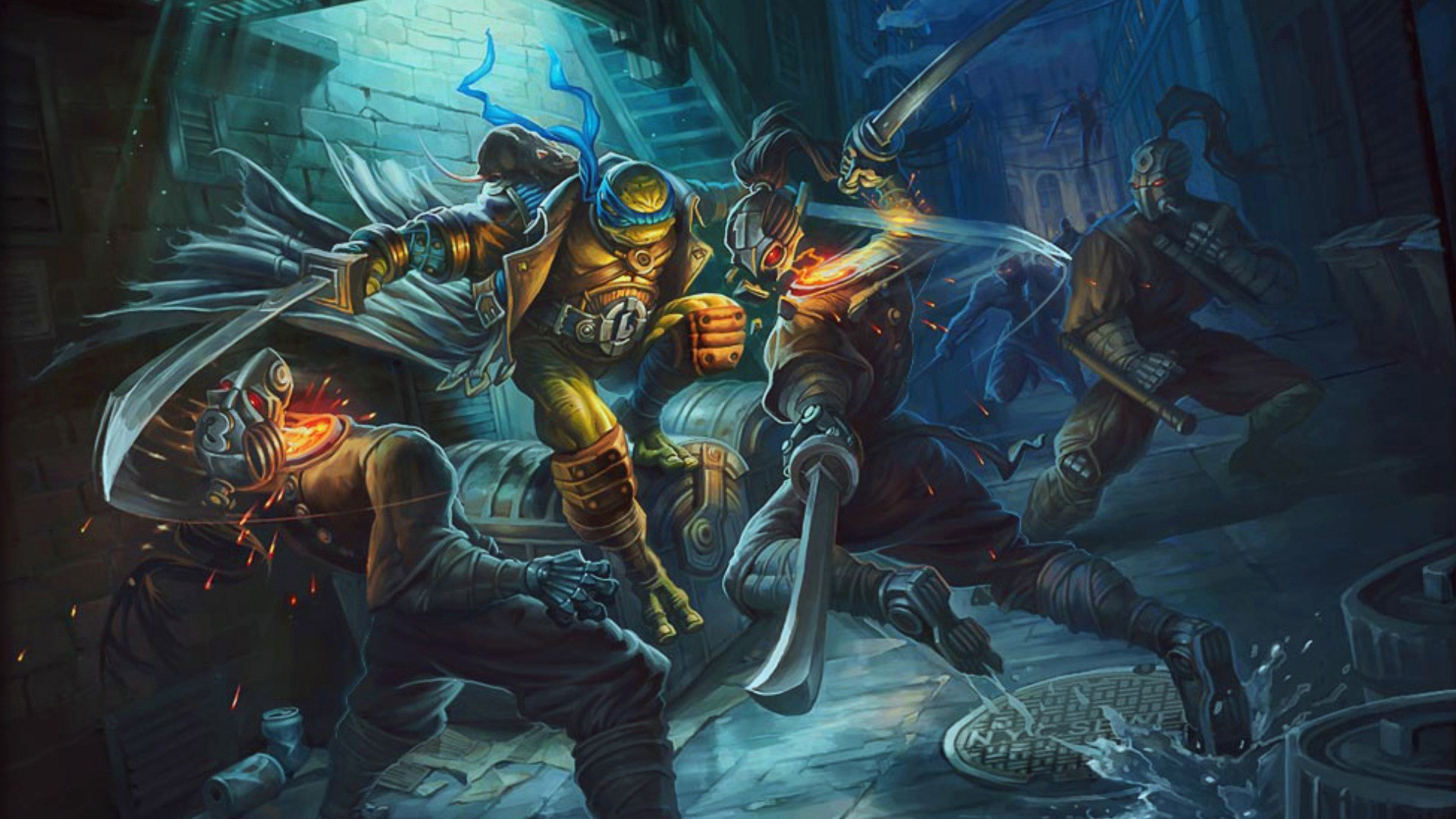 Leonardo and Foot Clan fighting in a sewer HD Wallpaper