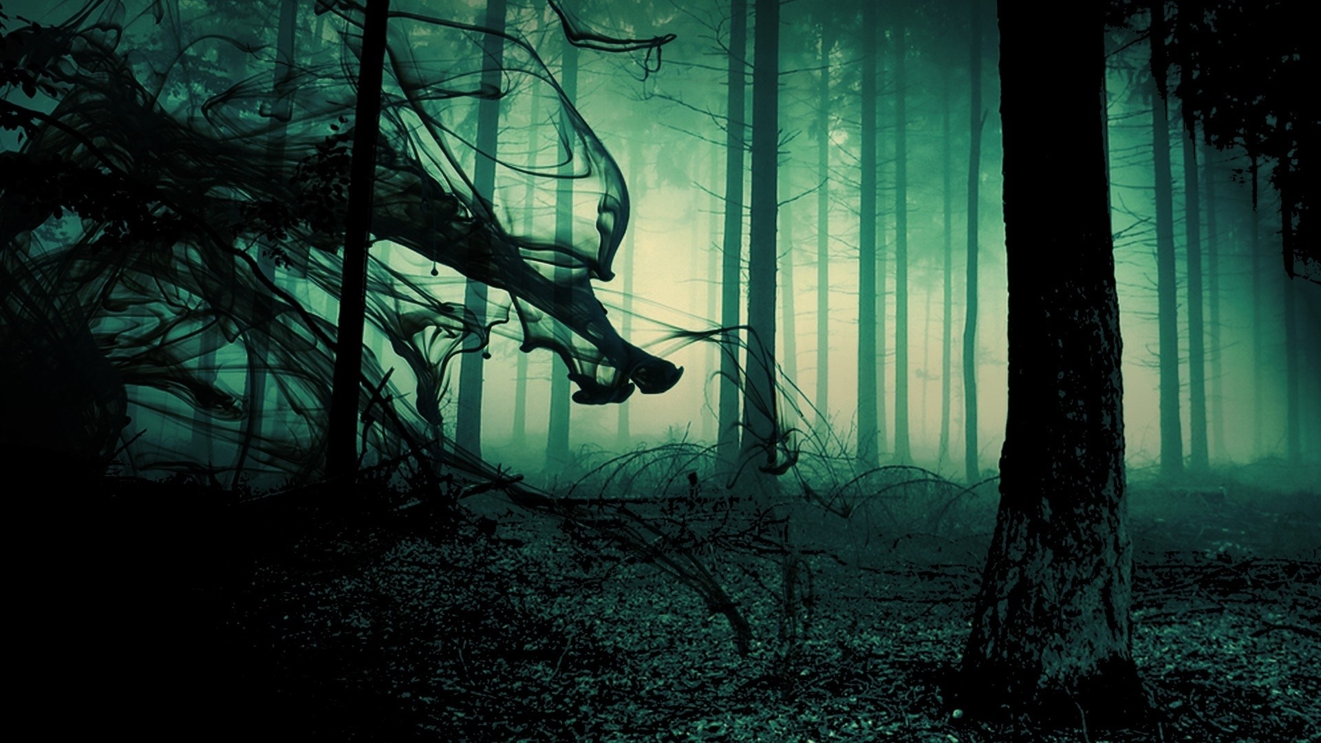 Dark Smoke Creature in Misty Forest HD Wallpaper