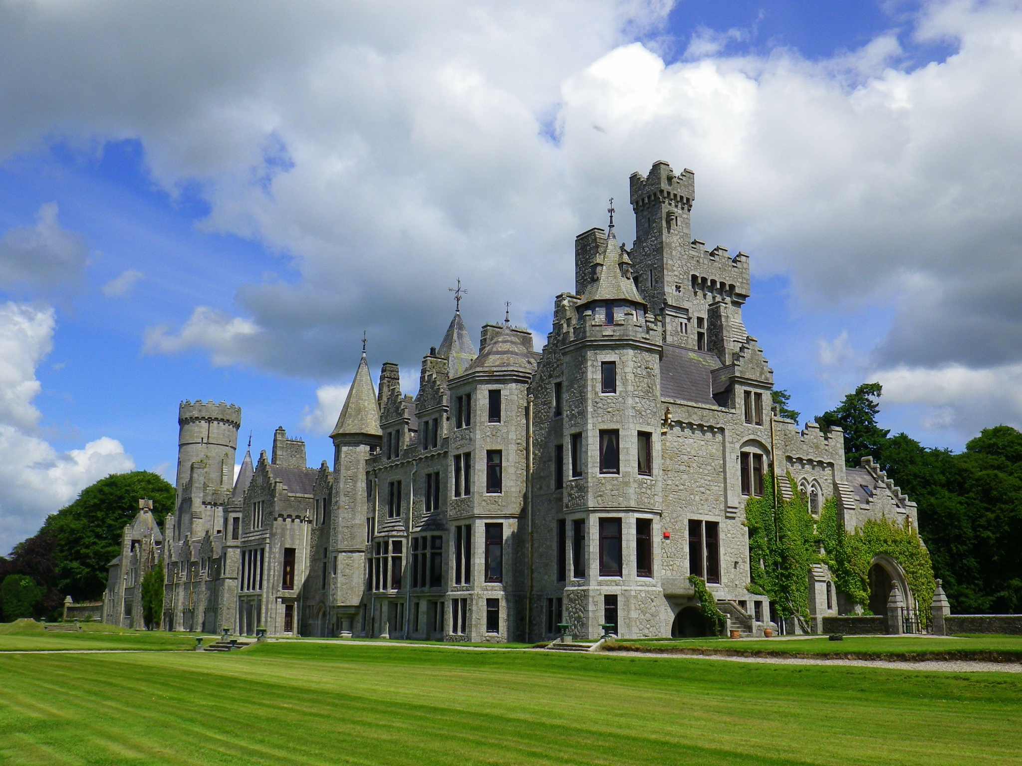 Castle with green lawn and cloudy sky HD Wallpaper