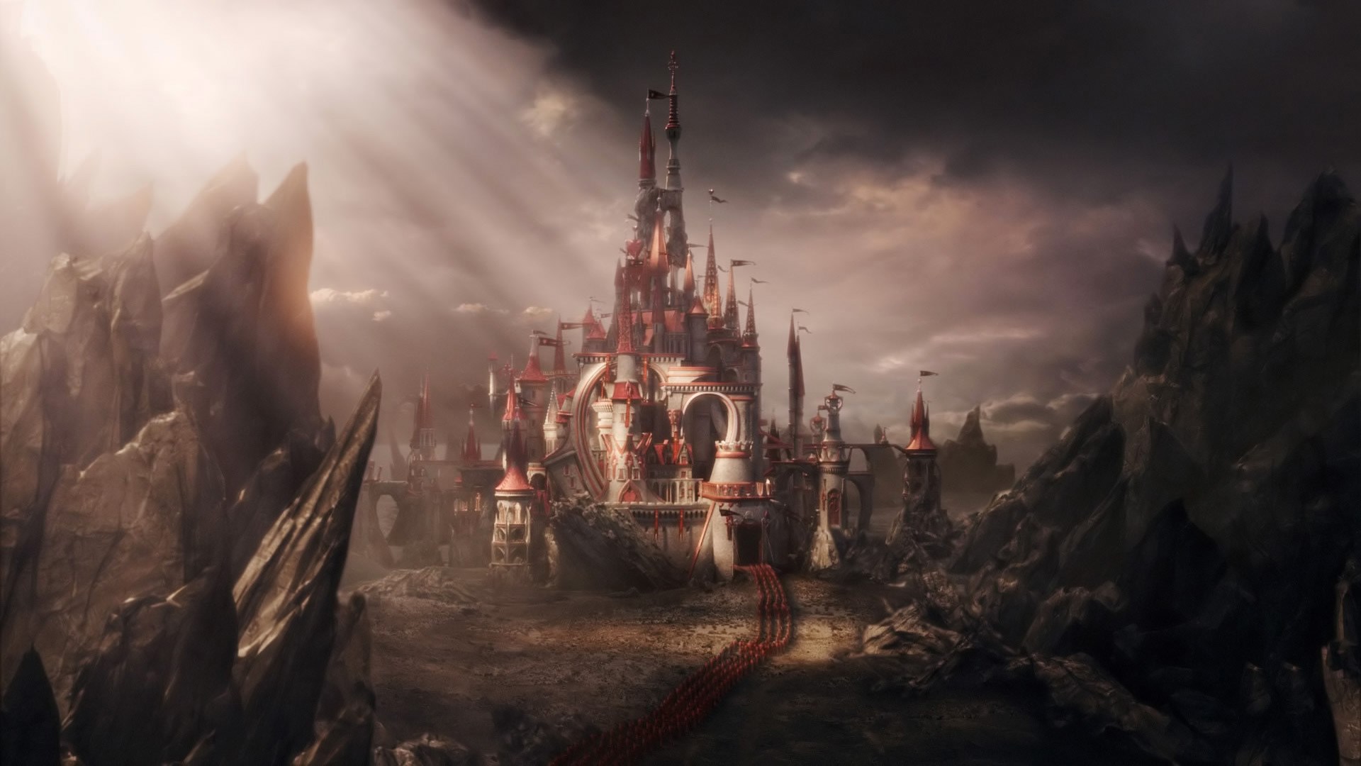 Red and white castle in a rocky landscape HD Wallpaper