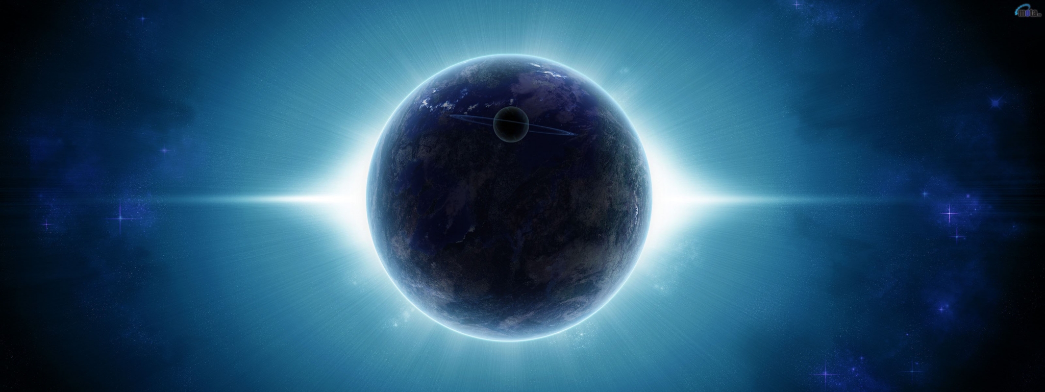 Planet with rings and moon in space HD Wallpaper