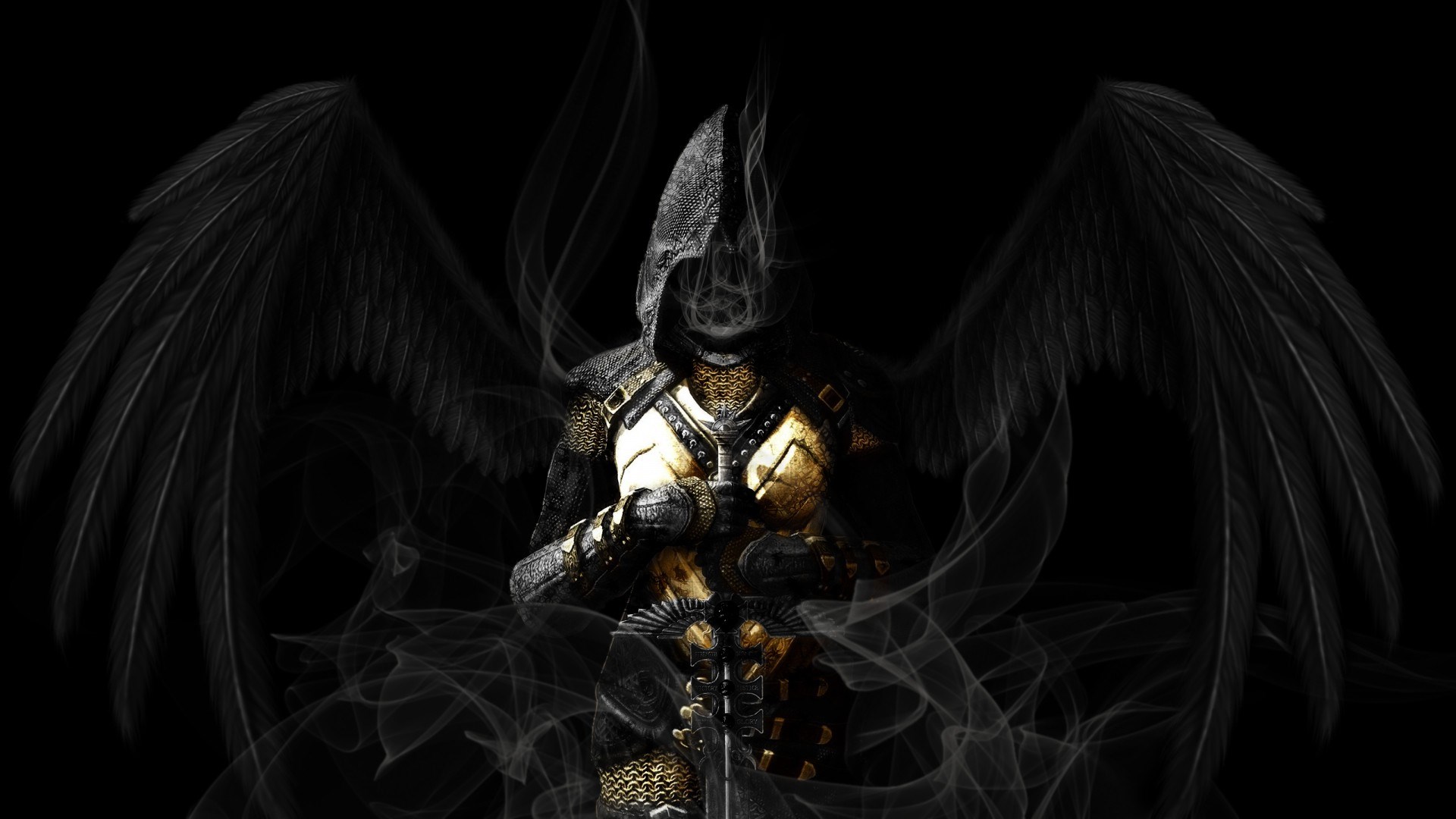 Dark Angel Warrior with Black Wings and Sword HD Wallpaper
