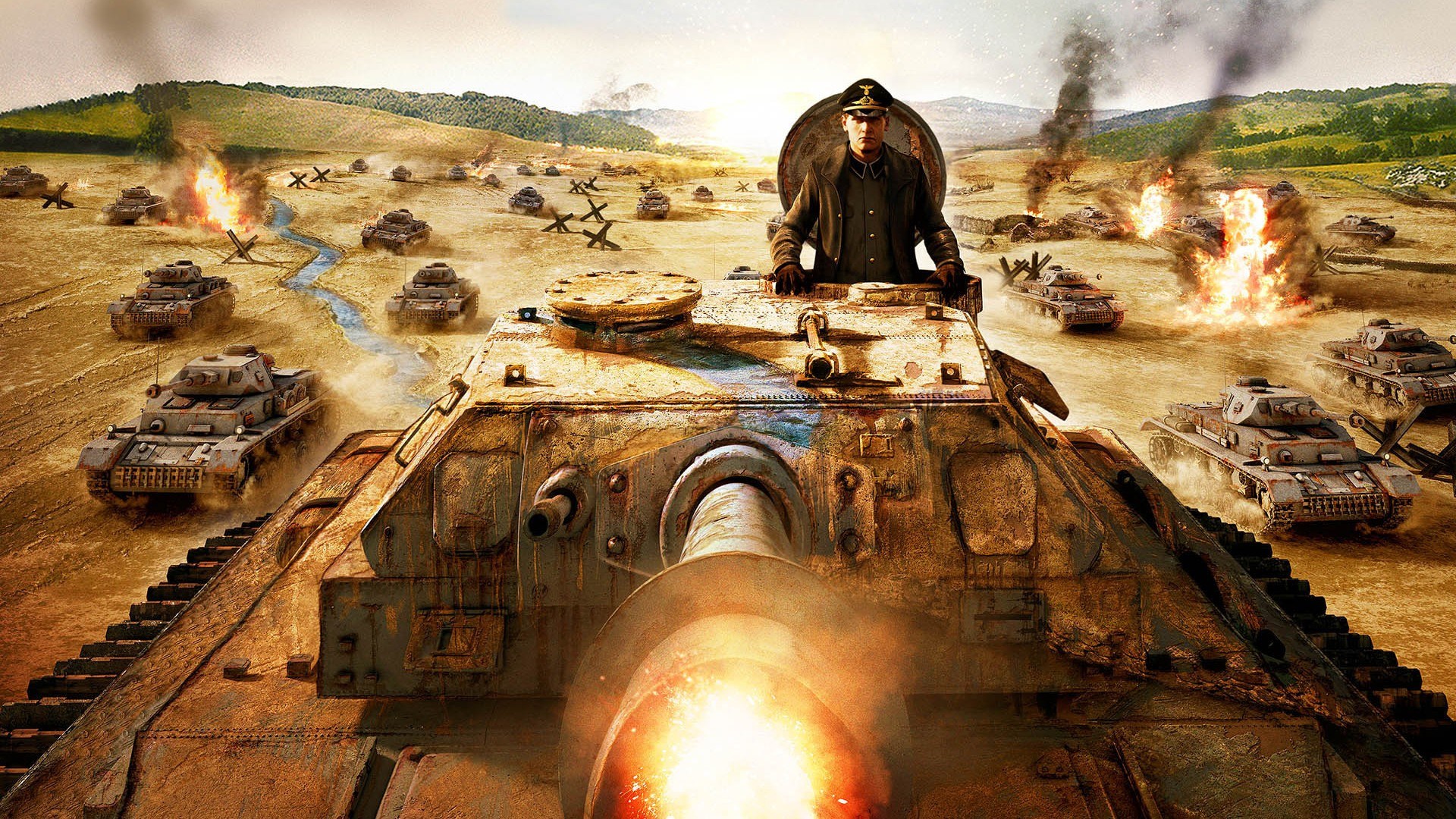German tanks in battle with explosions HD Wallpaper