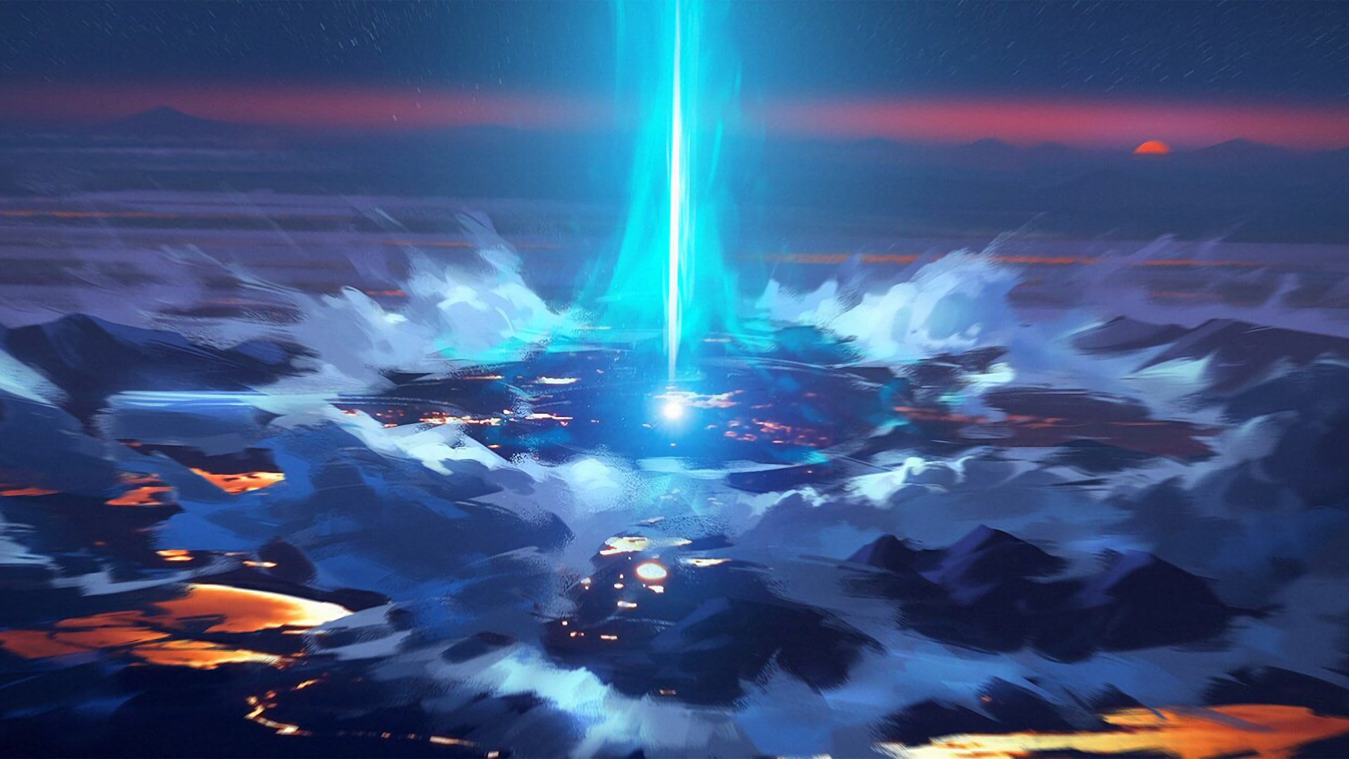 Duelyst - City with Blue Beam HD Wallpaper