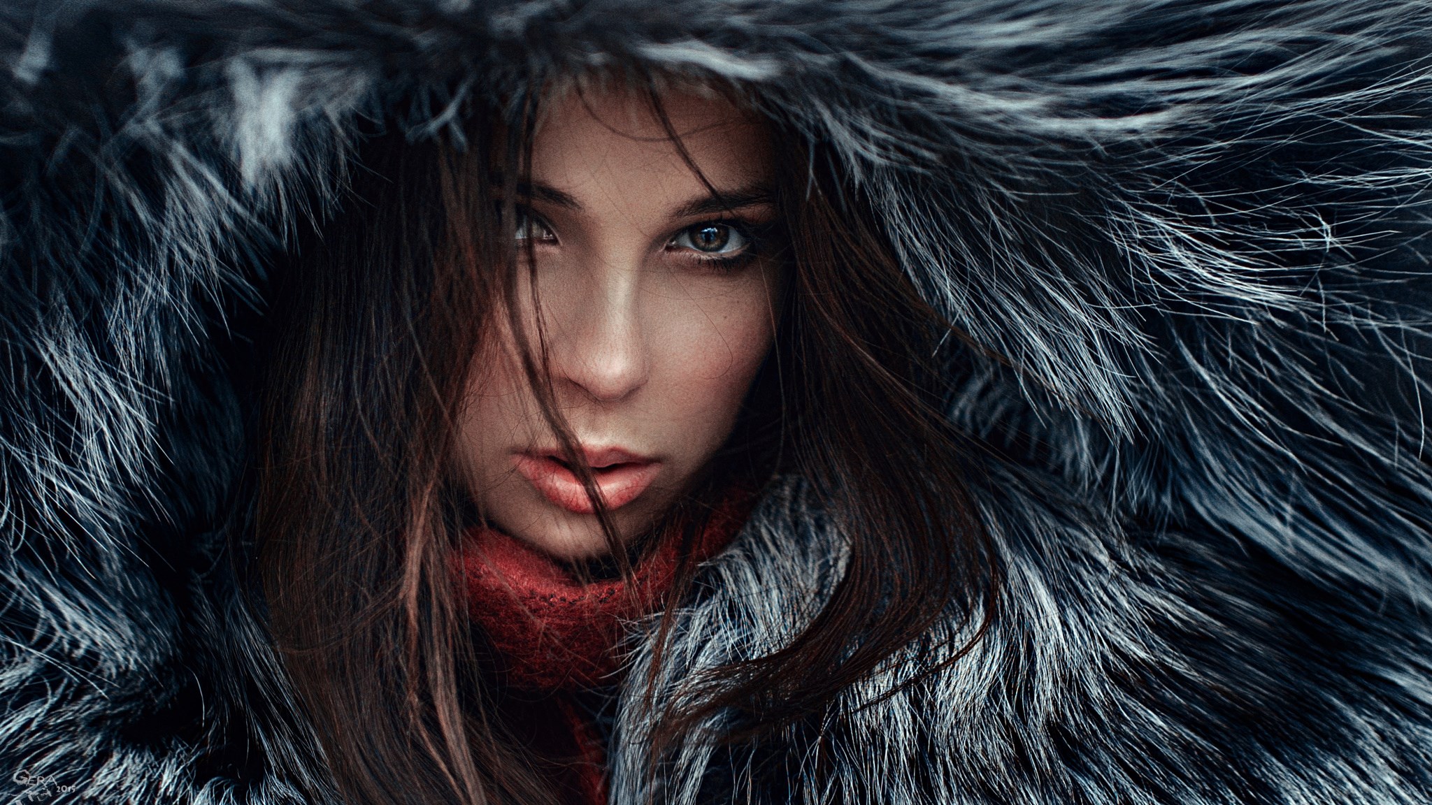 Woman in fur hood and red scarf HD Wallpaper