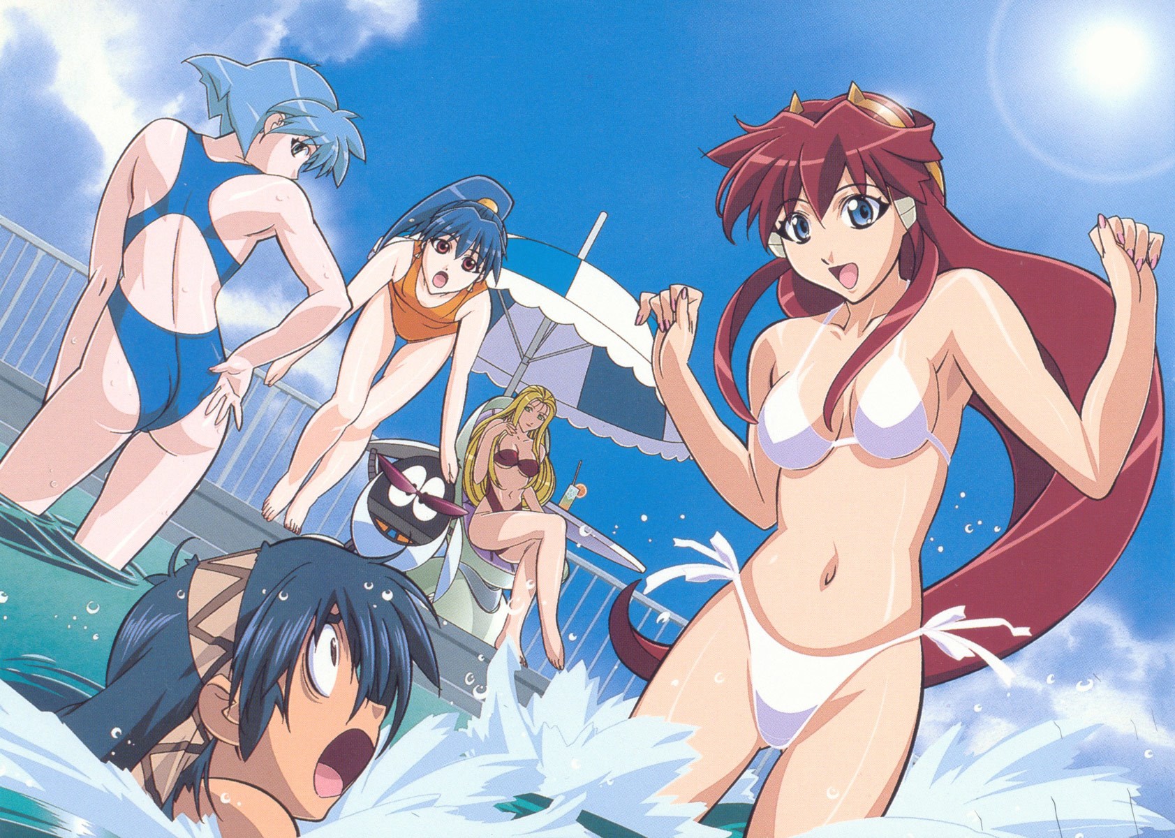 Vandread: Five women in swimsuits at a pool party HD Wallpaper