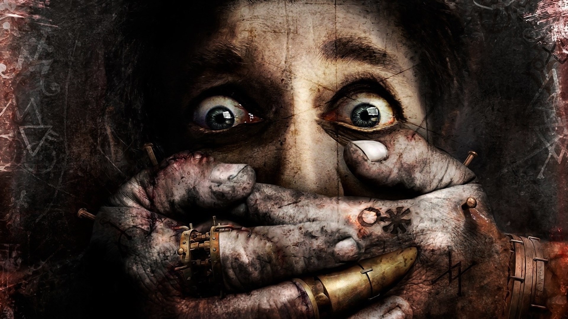 Close-up of a person with eyes wide in fear, hands covering their mouth HD Wallpaper