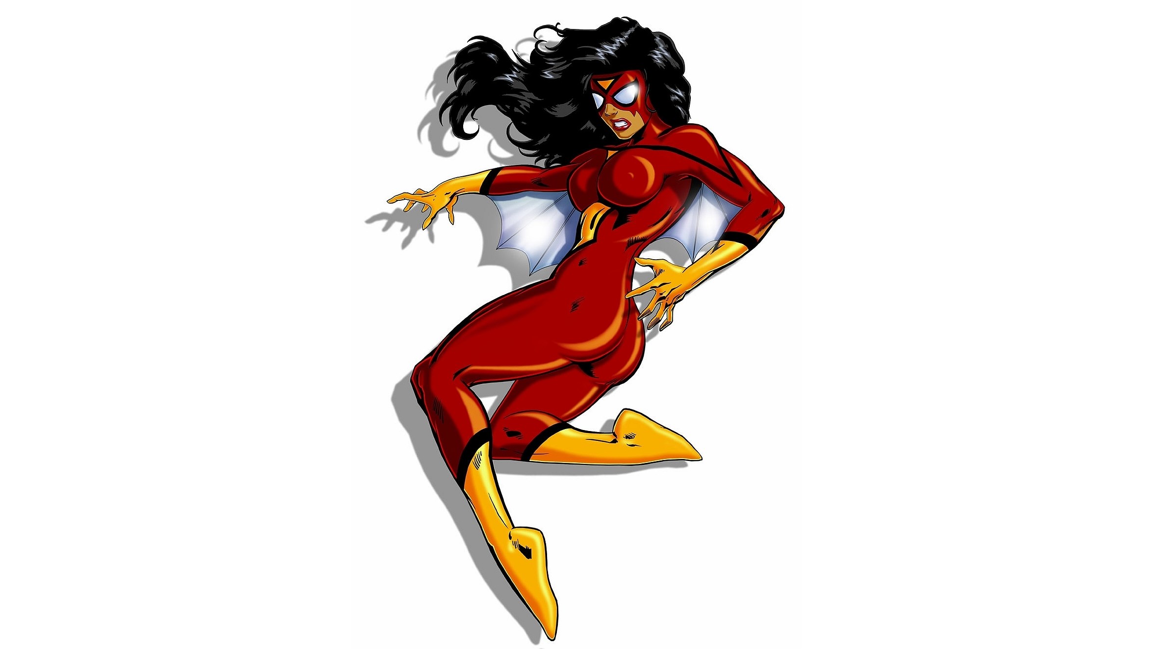 Spider-Woman in red and yellow costume HD Wallpaper
