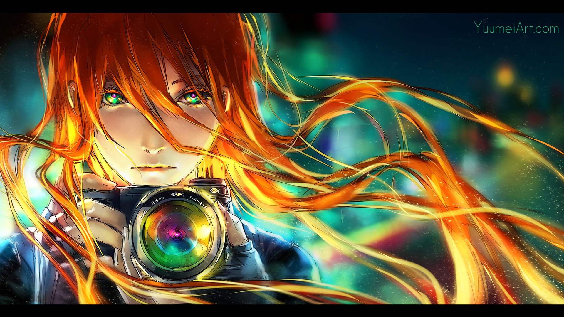 Girl with orange hair holding a fisheye camera HD Wallpaper