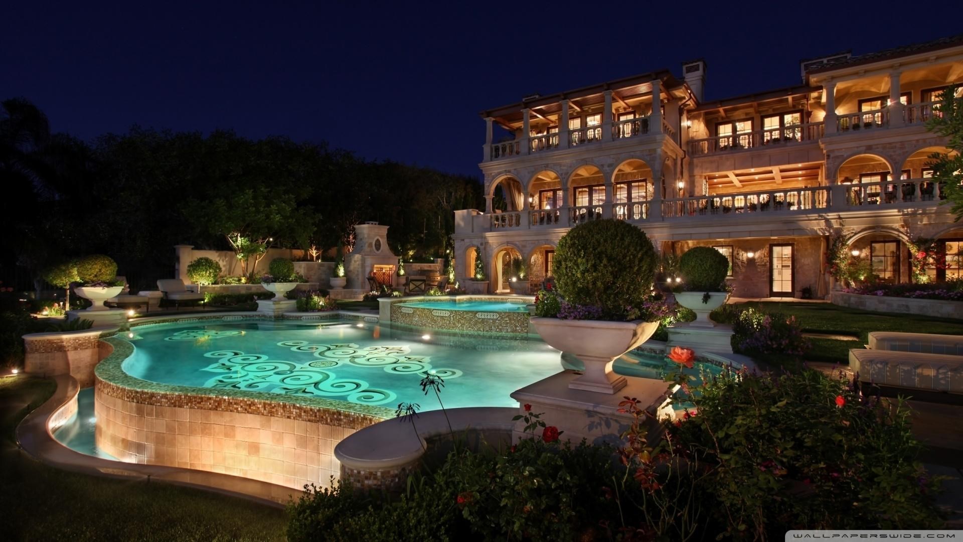 Luxury mansion with swimming pool at night HD Wallpaper