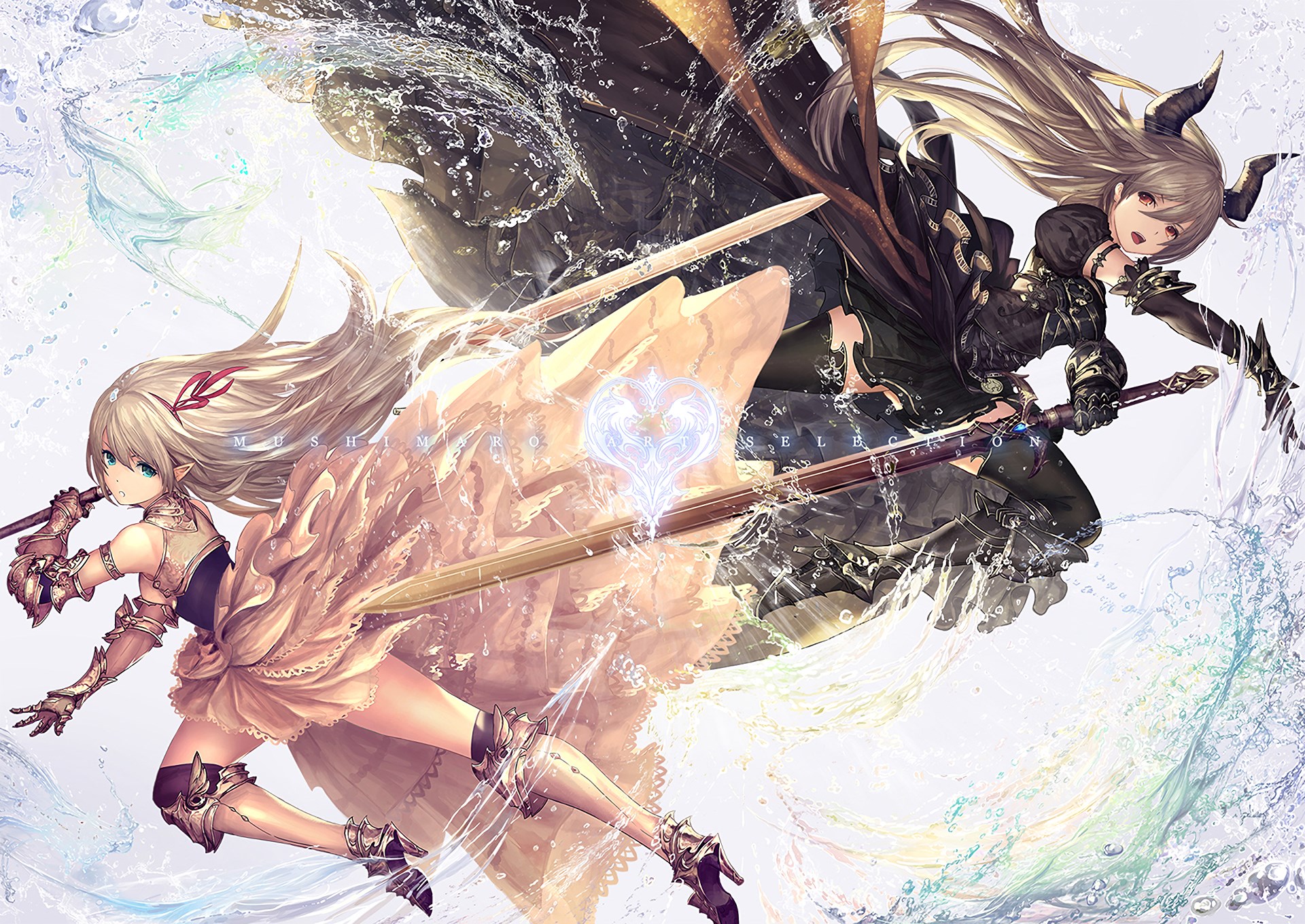 Two anime girls with swords and water effects HD Wallpaper