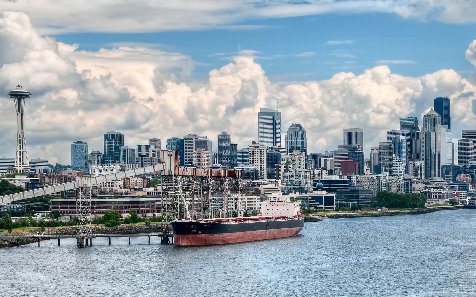 Seattle Skyline with Space Needle and Cargo Ship HD Wallpaper