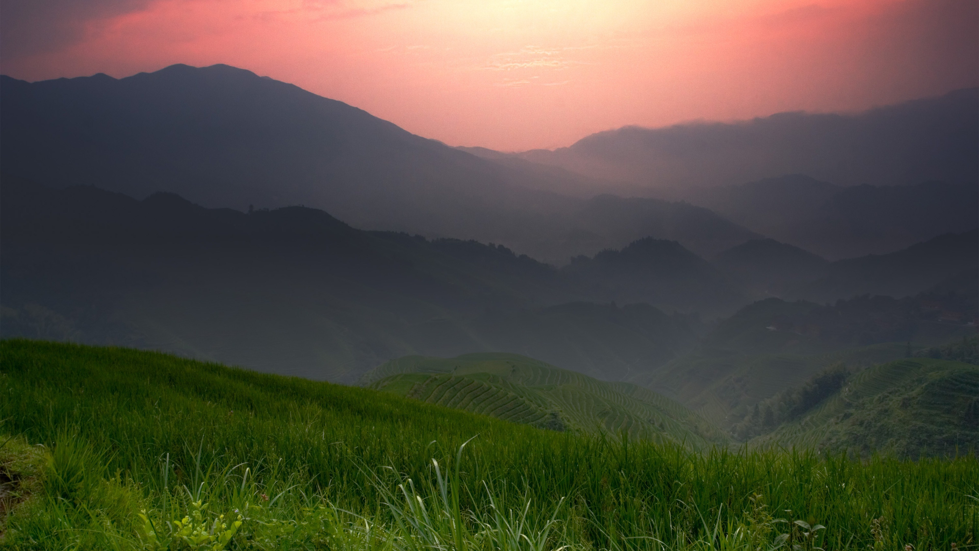 Mountain landscape with rice terraces at sunset HD Wallpaper
