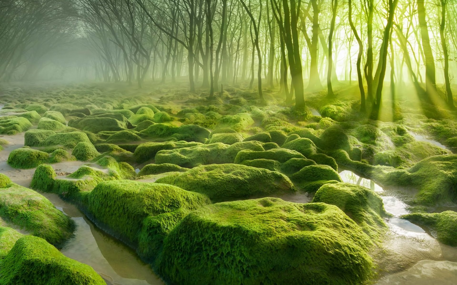 Mossy rocks in a misty forest with sunbeams HD Wallpaper