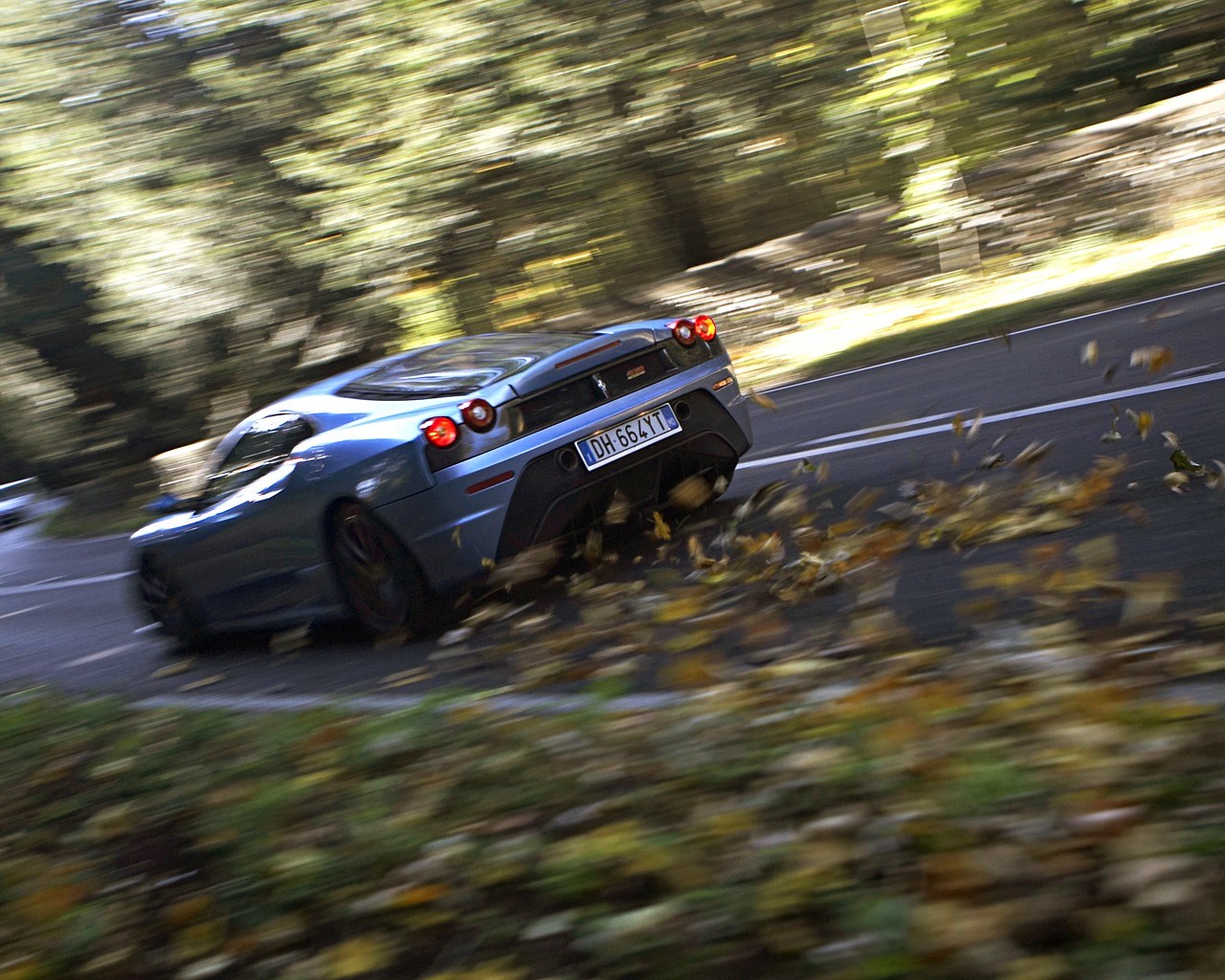 Blue Ferrari F430 Driving on a Forest Road HD Wallpaper