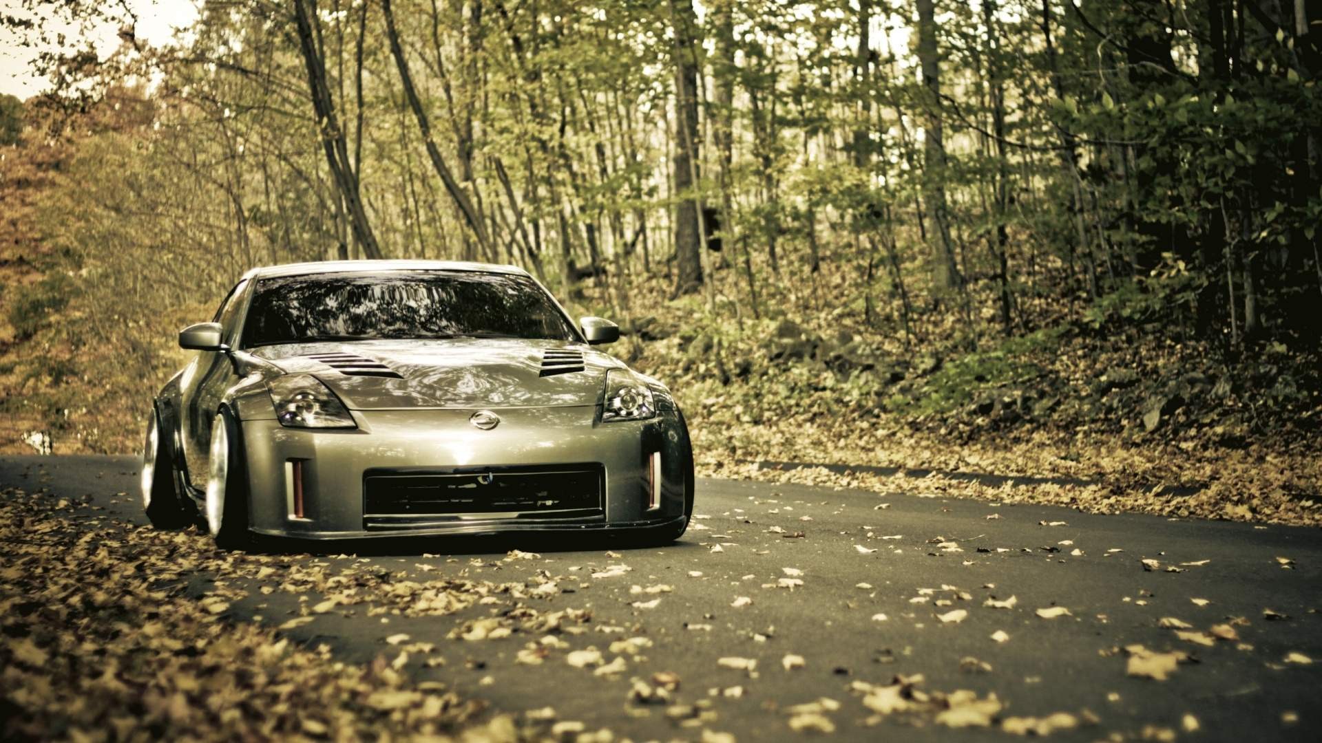 Nissan 350Z on a leaf-covered road HD Wallpaper