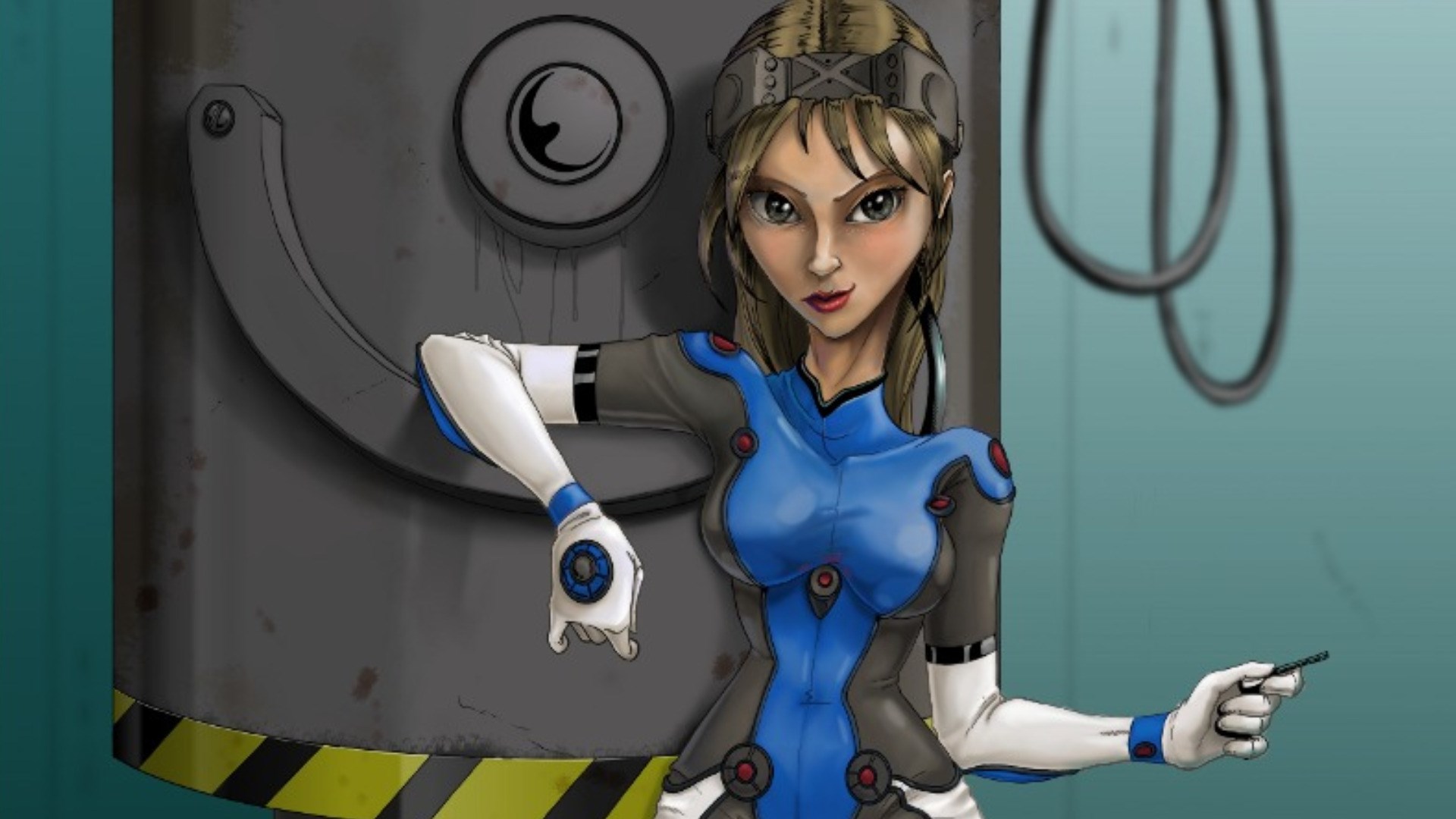 Woman in blue and gray suit holding a tool HD Wallpaper