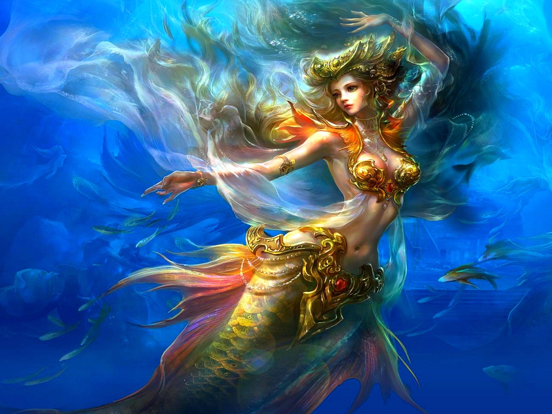 Mermaid with golden armor underwater HD Wallpaper