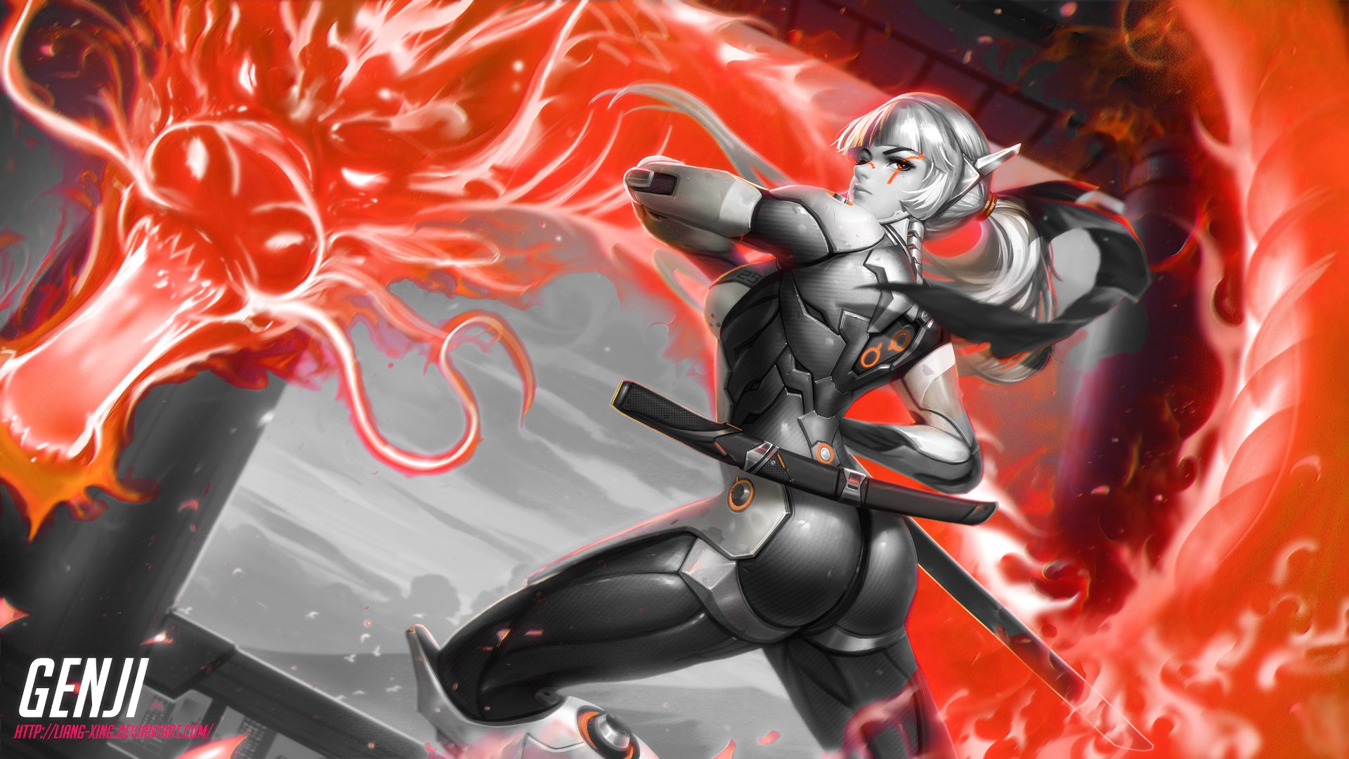 Genji from Overwatch with a red dragon HD Wallpaper