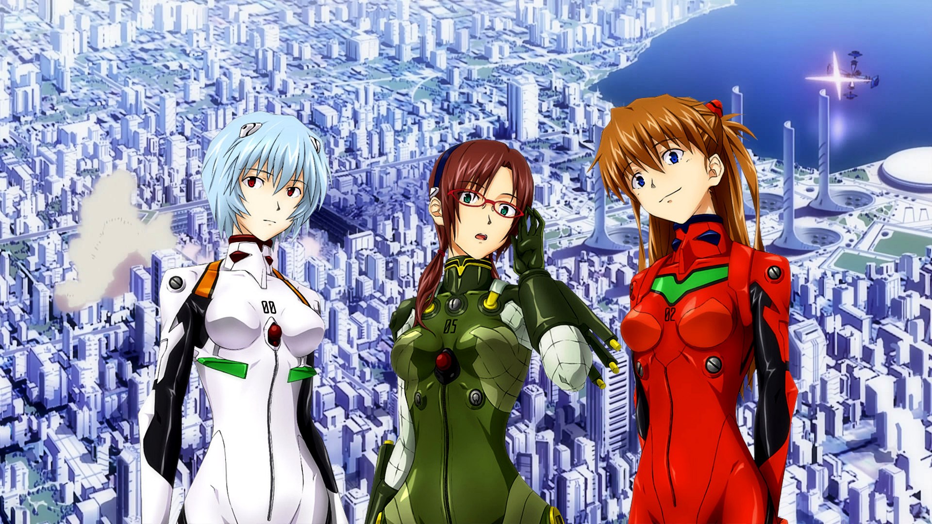 Rei Ayanami, Asuka Langley Soryu, and Mari Makinami Illustrious from Neon Genesis Evangelion HD Wallpaper