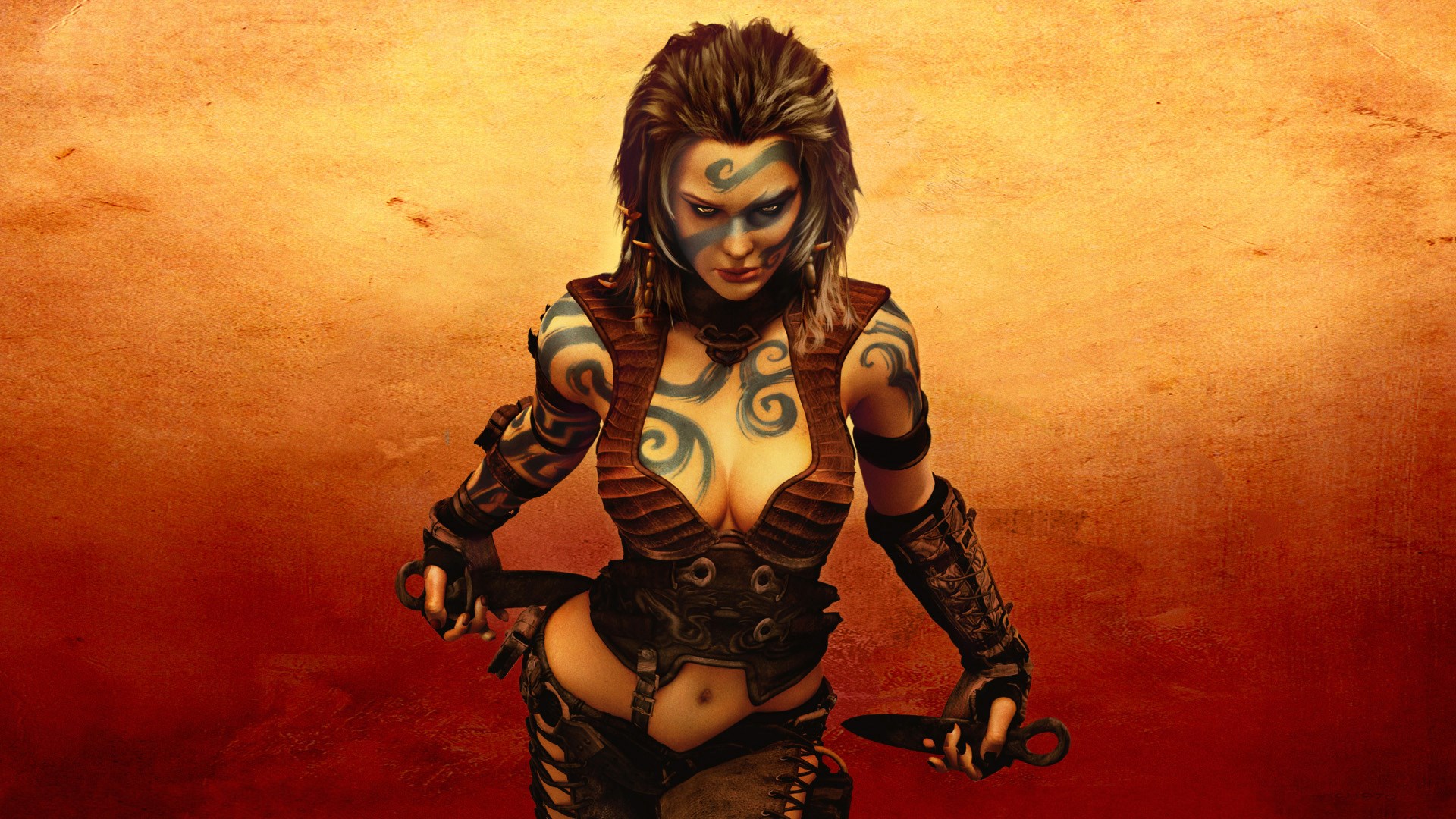 Woman with face paint and tattoos from Age of Conan HD Wallpaper