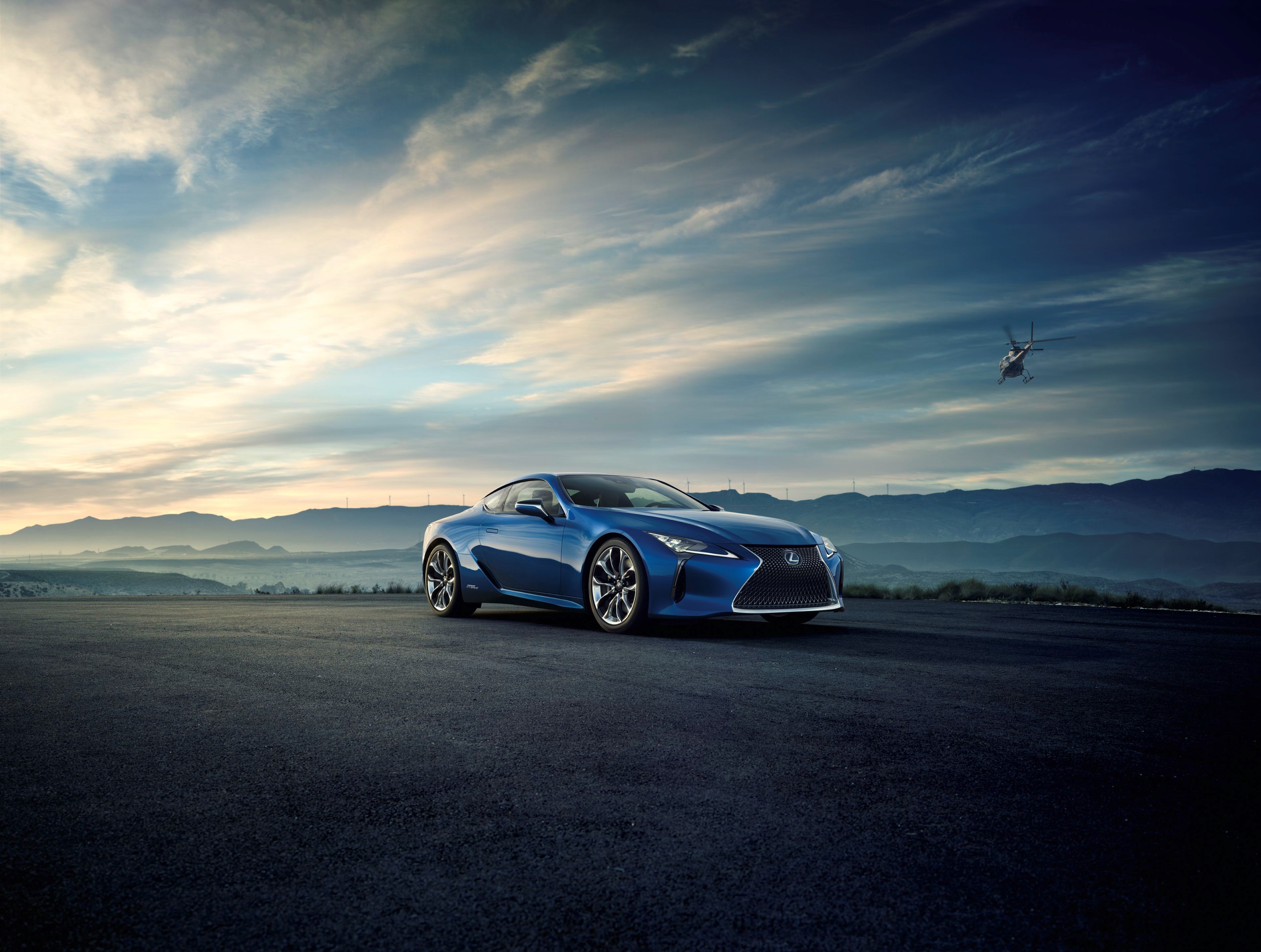Blue Lexus LC 500 with Helicopter and Mountains HD Wallpaper