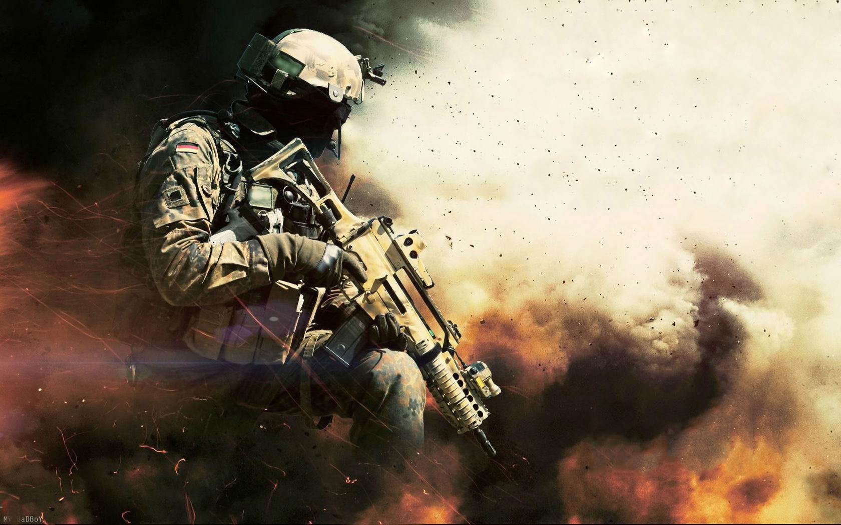 Soldier with rifle in explosion HD Wallpaper