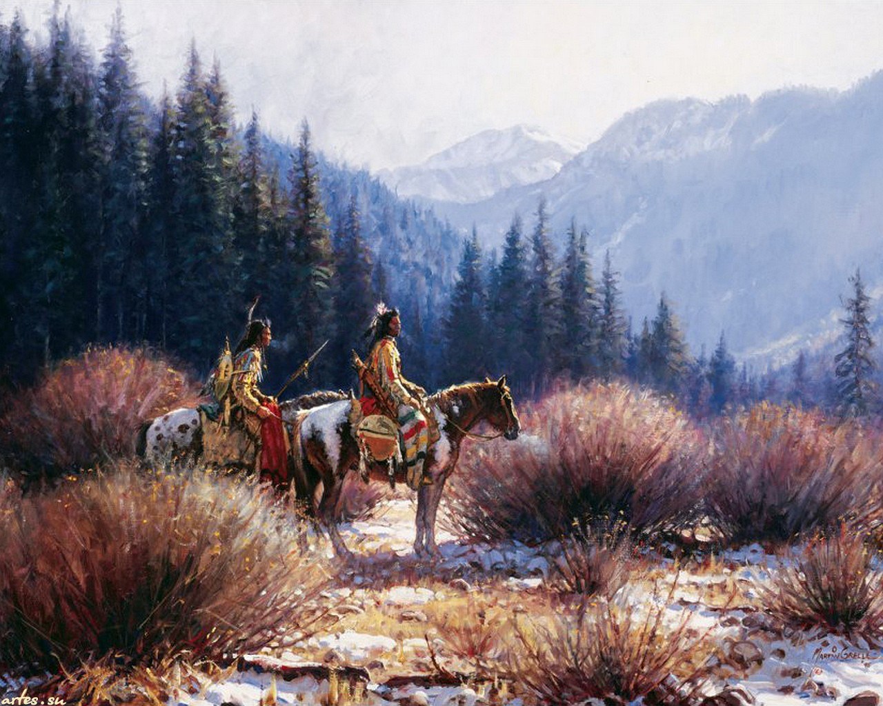 Native American Riders in Mountainous Wilderness HD Wallpaper
