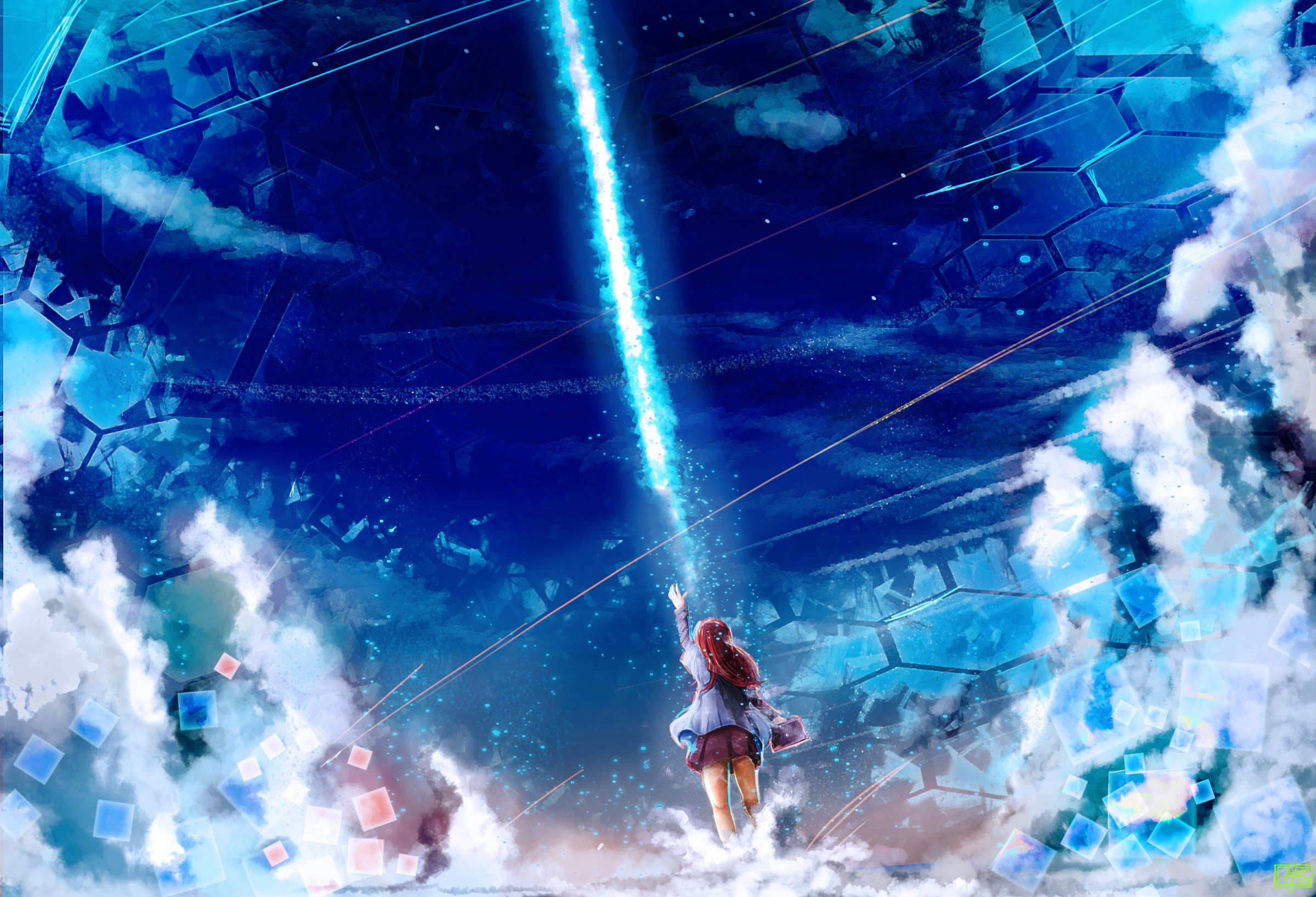 Girl Reaching for Blue Light in Digital Sky HD Wallpaper