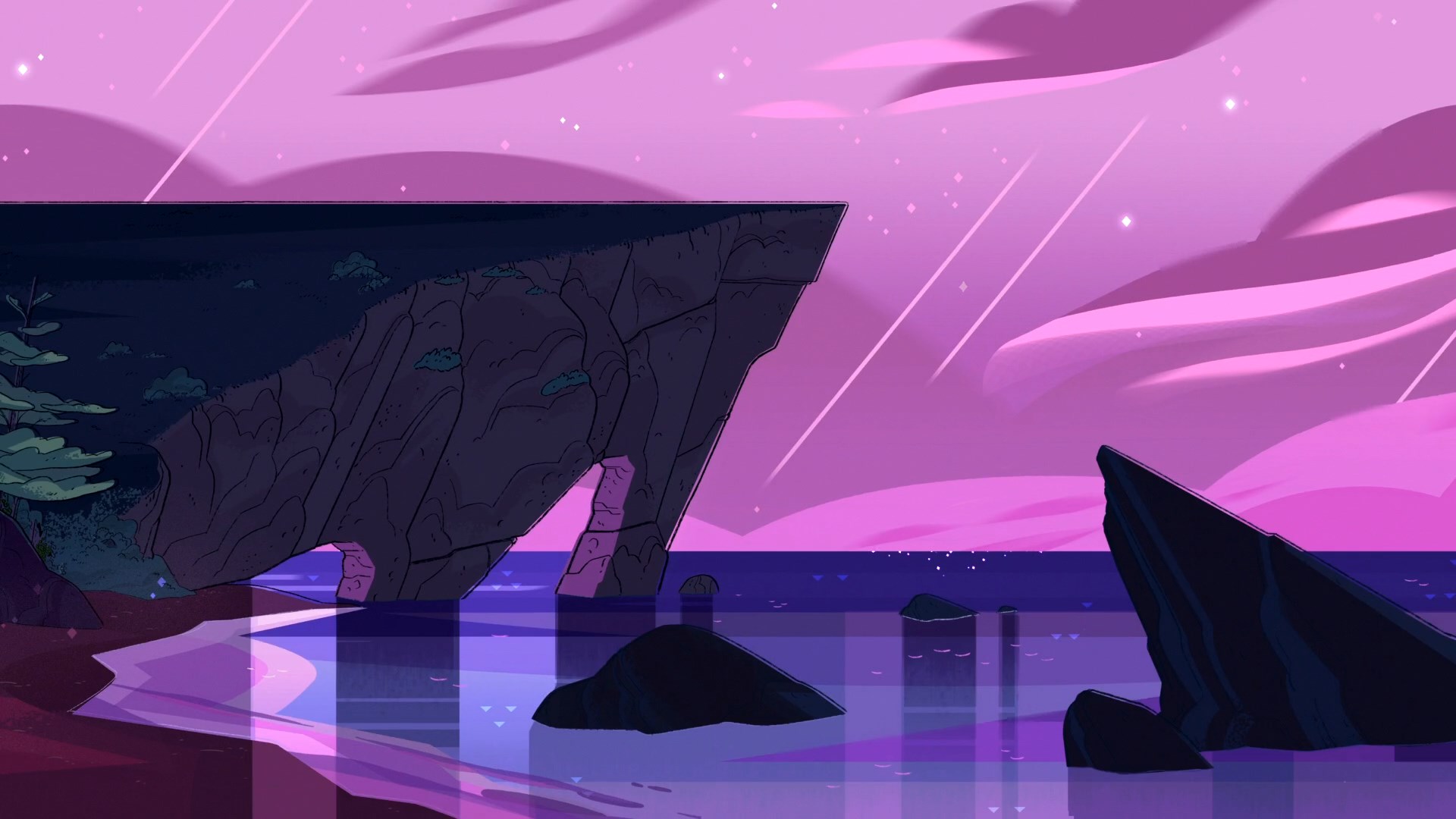 Steven Universe landscape with rocky coast and pink sky HD Wallpaper