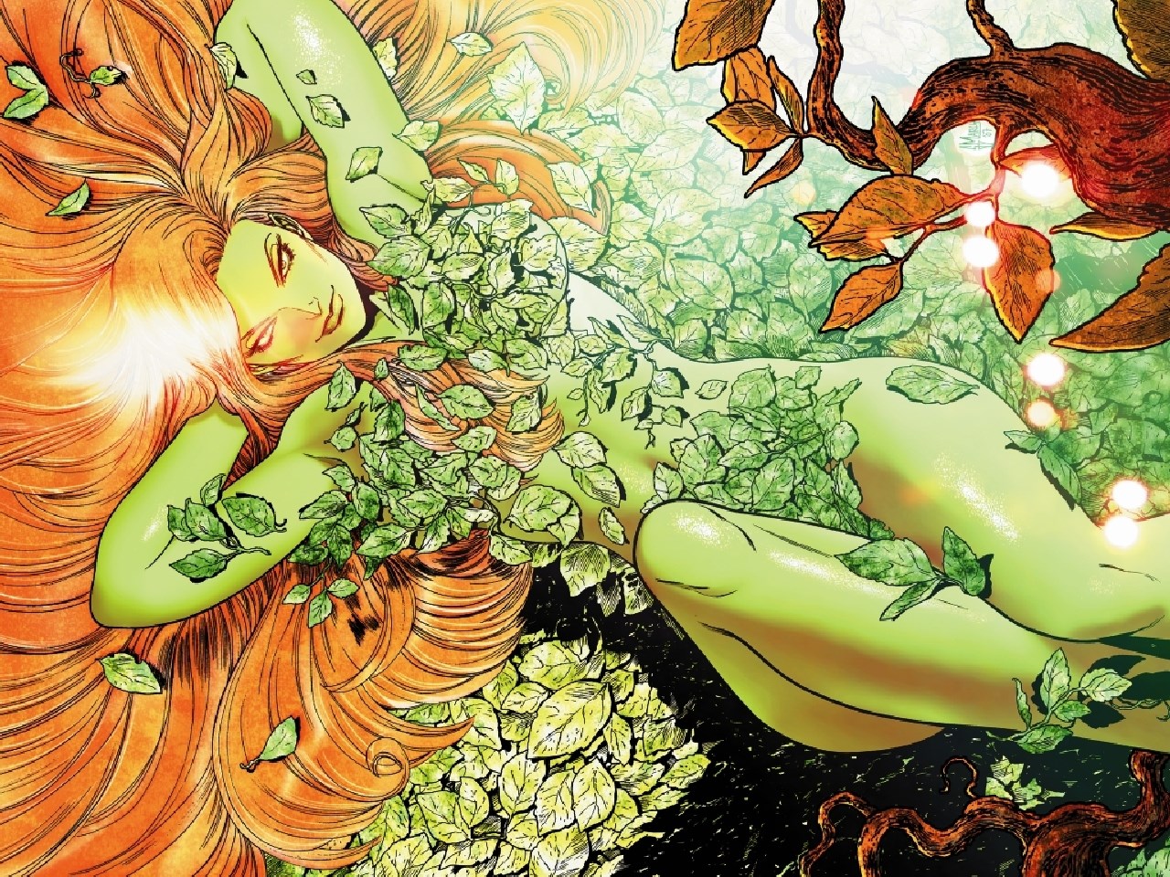 Poison Ivy lying down covered in leaves HD Wallpaper