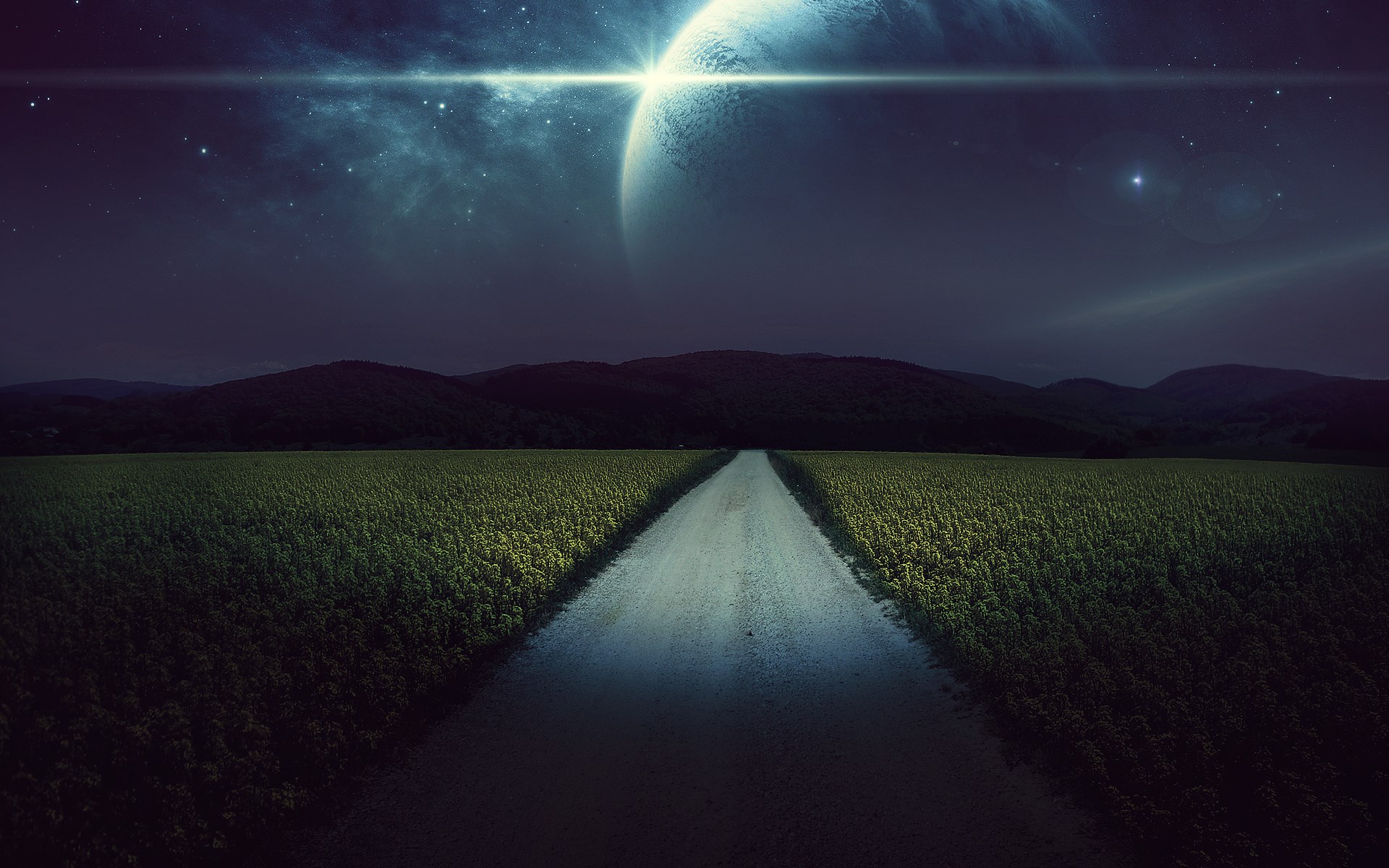 Road through field under alien planet sky HD Wallpaper