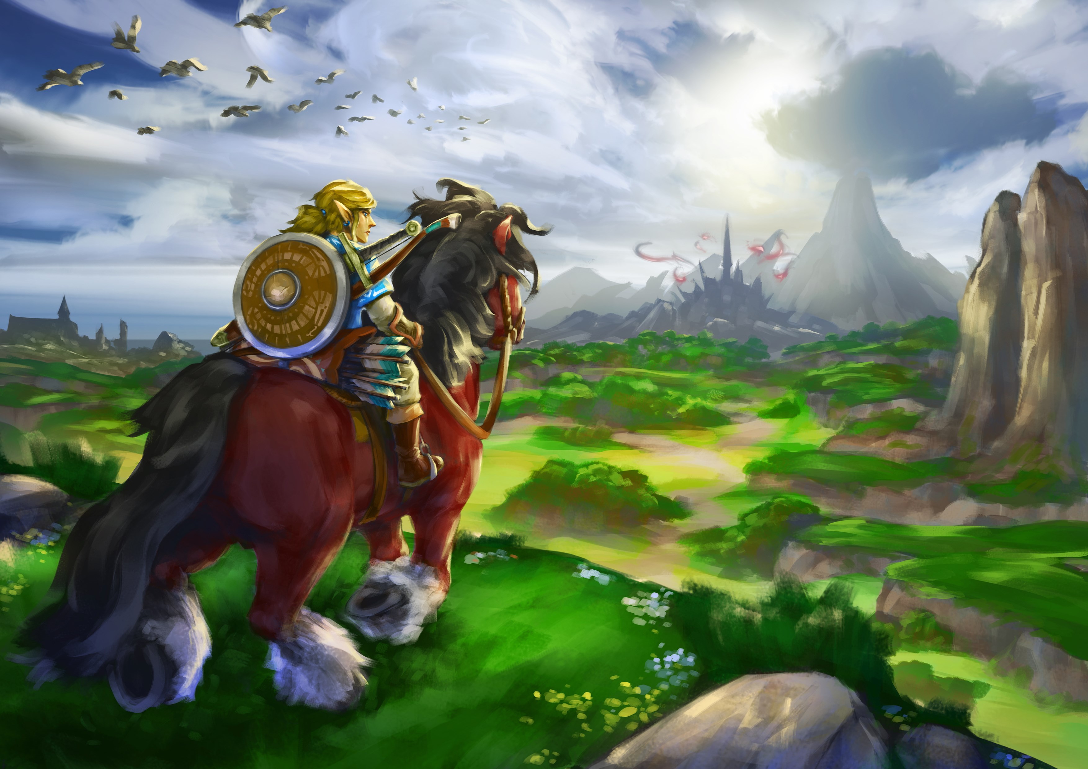 Link on horse in Hyrule from The Legend of Zelda: Breath of the Wild HD Wallpaper