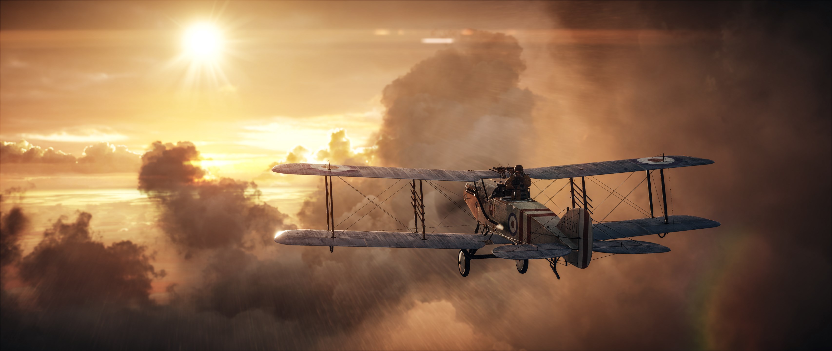Biplane flying through clouds at sunset HD Wallpaper