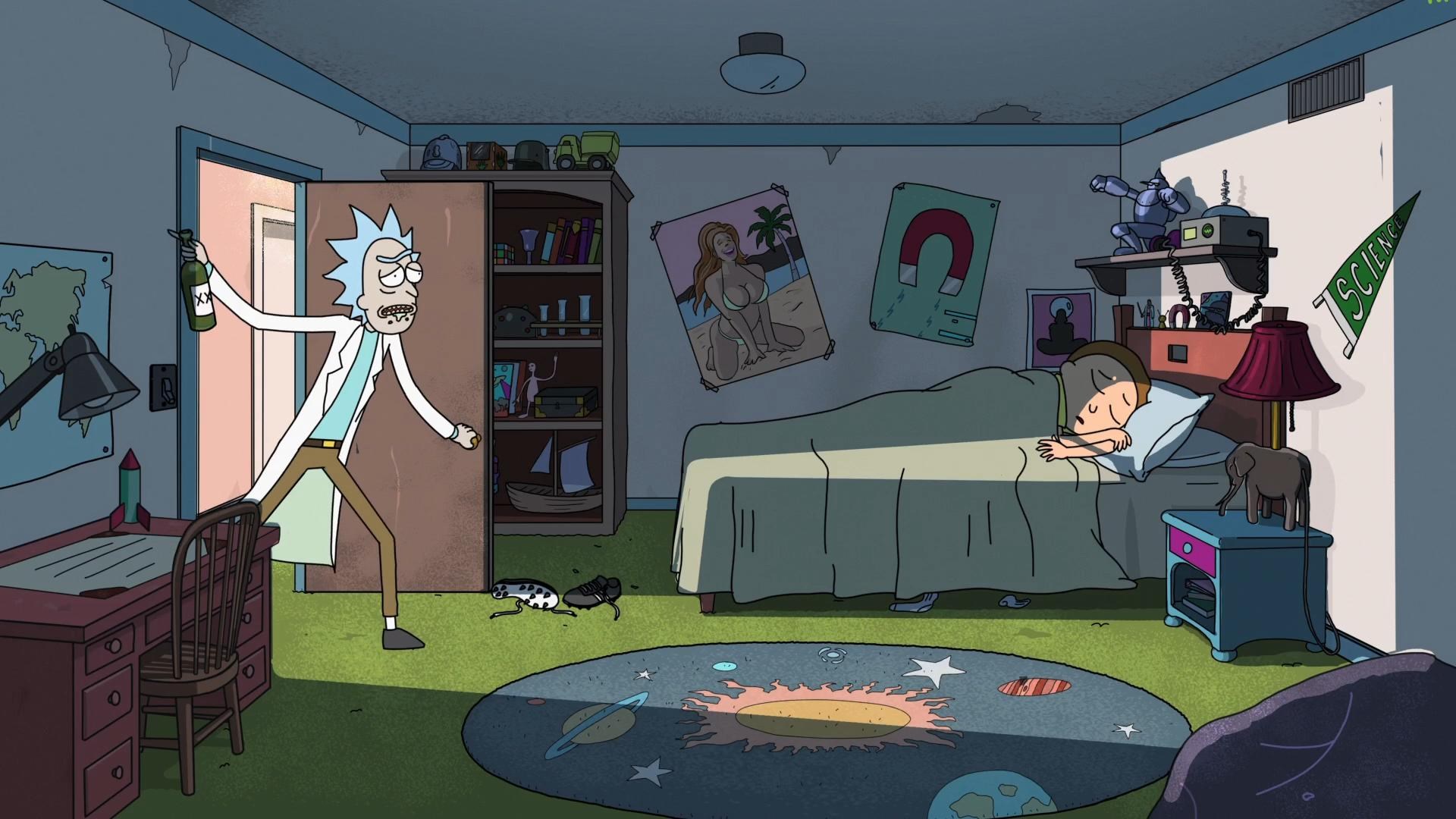 Rick Sanchez from Rick and Morty holding a bottle in a bedroom HD Wallpaper