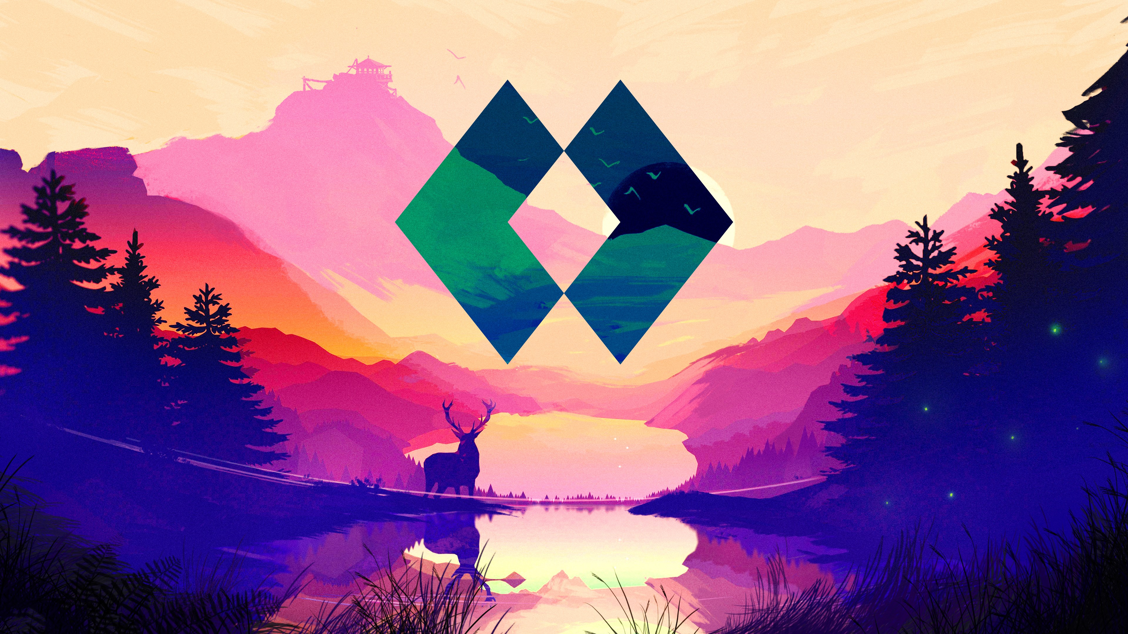 Geometric logo over mountain landscape with deer HD Wallpaper