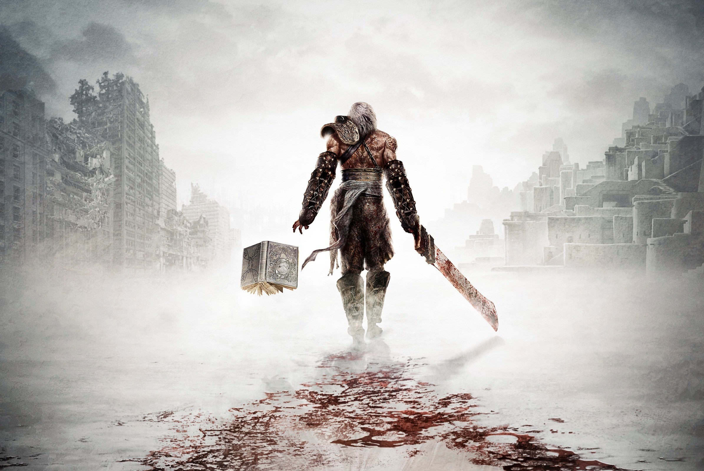 Nier character with sword and book in ruined city HD Wallpaper