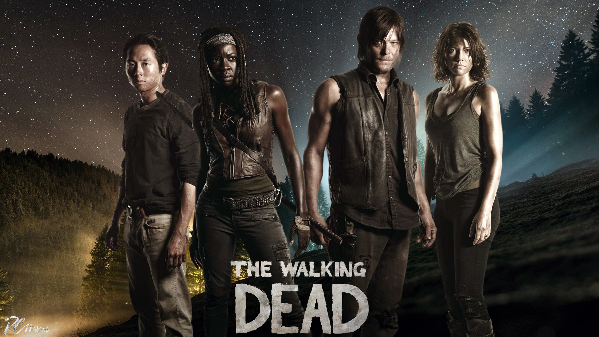 The Walking Dead characters in a forest at night HD Wallpaper