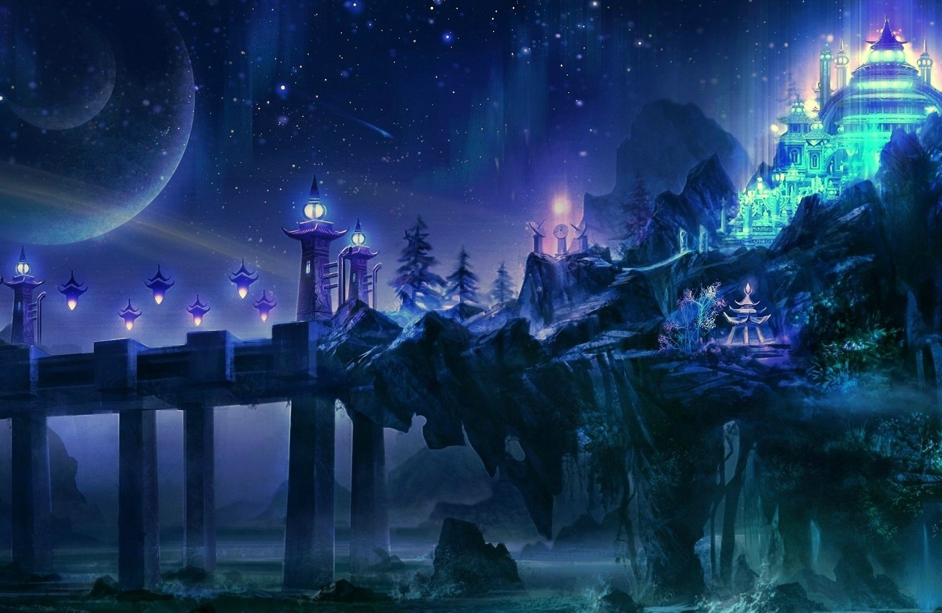 Fantasy castle on a rocky island under a starry sky HD Wallpaper