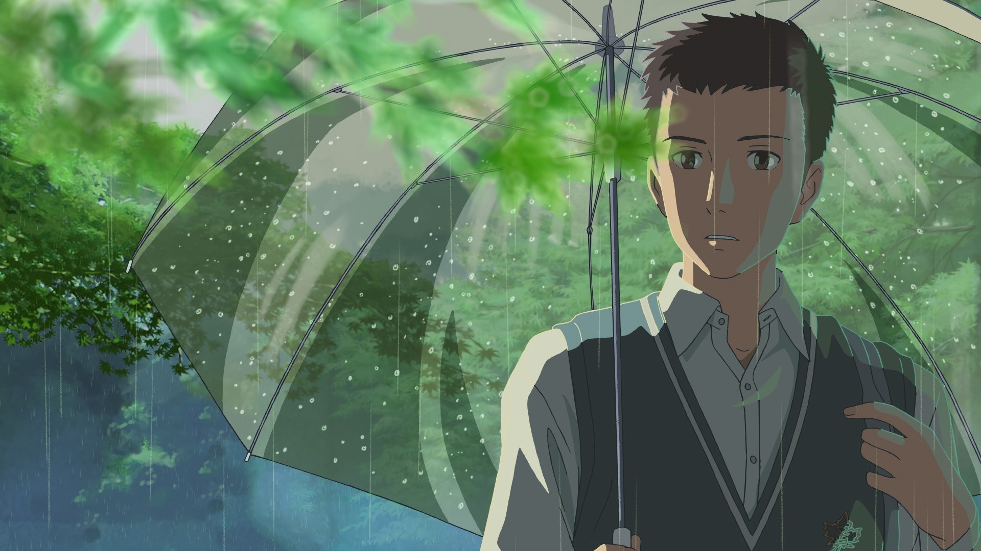 Takao from The Garden of Words holding an umbrella in the rain HD Wallpaper